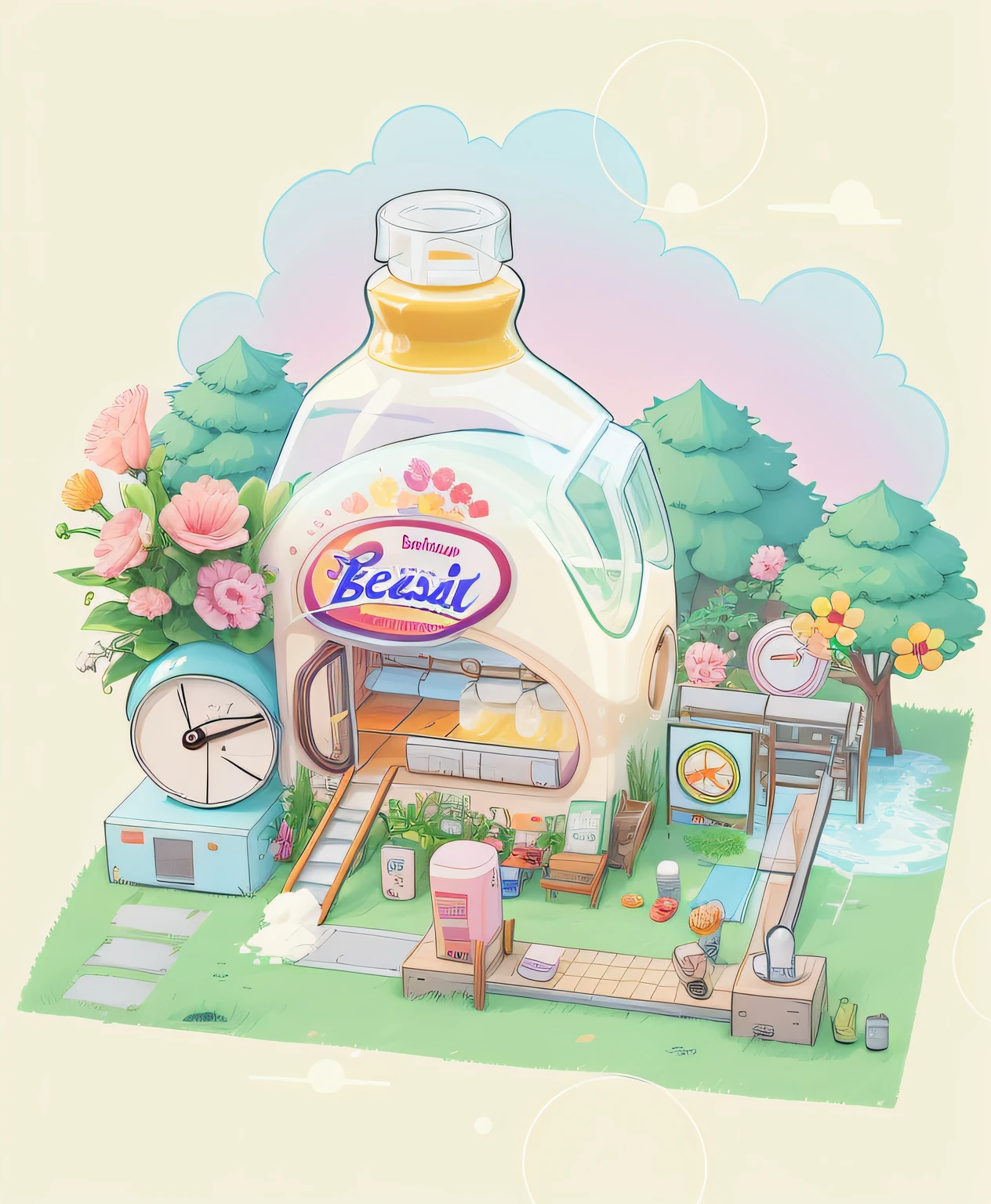Cartoon picture with a bottle of liquid and a bunch of objects, Commercial illustration, foamy landscape, toothpaste refinery, beastly, promotional art, praise, Dream illustration, Lo-Fi illustration style, lofi aesthetics, environmental shot, author：Chizuko Yoshida, kawaii aesthetic, designed for cozy aesthetics!, full-colour illustration，Poster ads，Vitality 28 laundry detergent，Memphis
