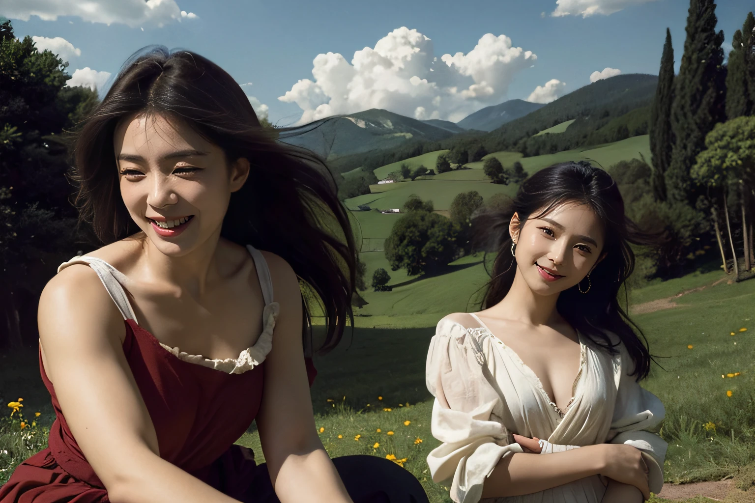 Poussin-style landscape,A smile,,Sweet and seductive appearance.、Caravaggio's paintings、Chiaroscuro of Caravaggio、Hair disheveled in the wind,Two women frolicking,Cute smile, Expression of ecstasy