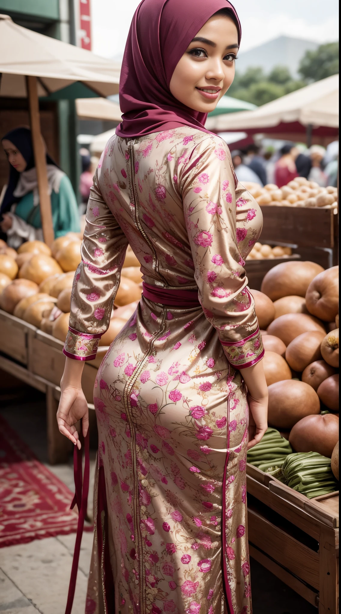 RAW, Best quality, high resolution, masterpiece: 1.3), beautiful Malay woman in hijab (iu:0.8),woman standing on the market, beautiful design, wearing a beautiful tight baju kurung, beautiful clothes, very beautiful style, floral patterned dress, beautiful masterpiece, beautiful dress, wearing a graceful dress, very beautiful masterpiece, fine details, beautiful dress, full dress closed, very beautiful and graceful, very detailed, big breasts, round buttocks, from behind, (looking at the audience, looking back, facial details, double eyelids, smiling)