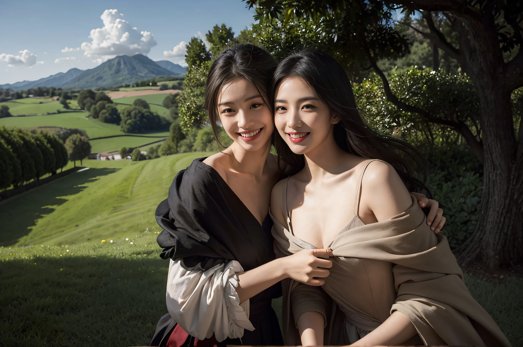 Poussin-style landscape,A smile,,Sweet and seductive appearance.、Caravaggio's paintings、Chiaroscuro of Caravaggio、Hair disheveled in the wind,Two women frolicking,Cute smile, Expression of ecstasy