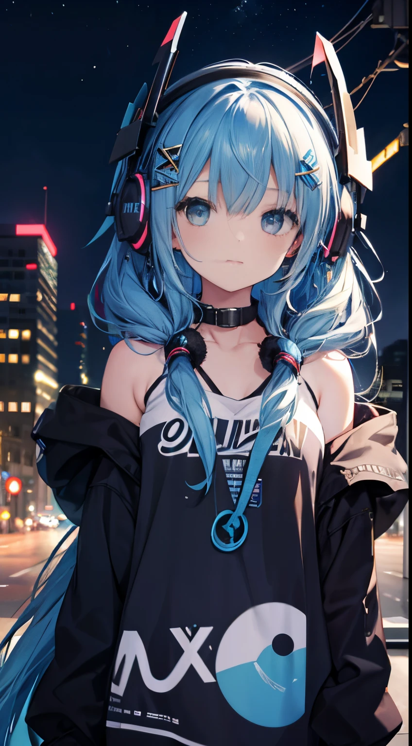 1 girl, hoodie, blue hair, very long hair, off the shoulder, feather hair ornament, headphones around neck, city, night, outdoors