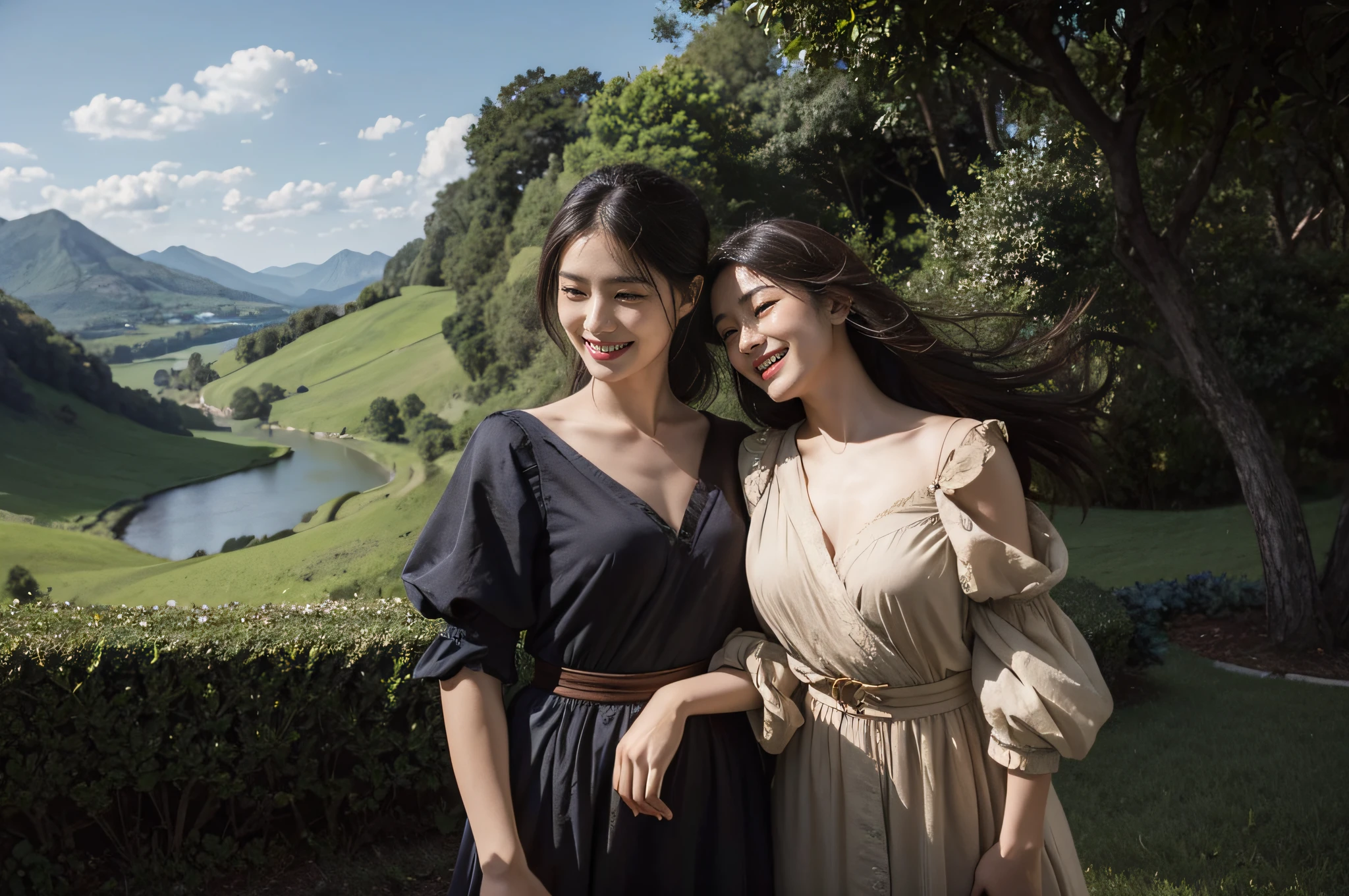 Poussin-style landscape,A smile,,Sweet and seductive appearance.、Caravaggio's paintings、Chiaroscuro of Caravaggio、Hair disheveled in the wind,Two women frolicking,Cute smile, Expression of ecstasy