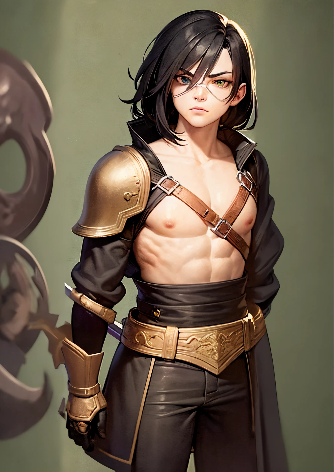 Black hair, green eyes, dnd halfling, serious facial expression, rogue, light armor, full body portrait, wearing monocle, holding polearm, flat chest, defined muscle, short, futa