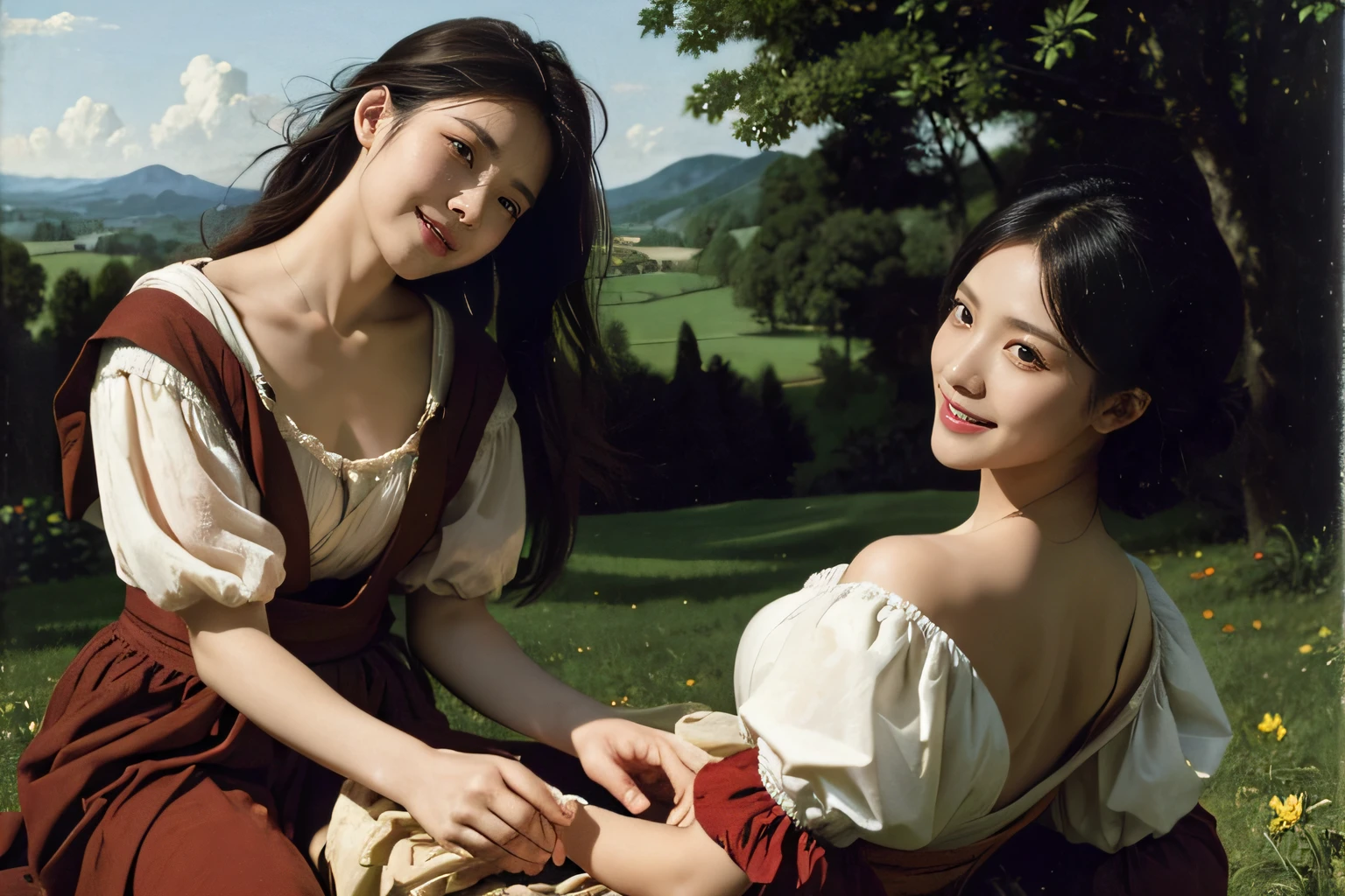 Poussin-style landscape,A smile,,Sweet and seductive appearance.、Caravaggio's paintings、Chiaroscuro of Caravaggio、Hair disheveled in the wind,Two women frolicking,Cute smile, Expression of ecstasy