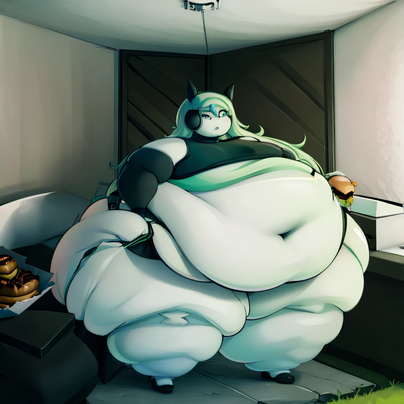Highest quality)), ((well draw)), ((masterpiece)), ((Solo)), Femboy ,
(Meloetta), ((Full body)) (light cream skin), (Long green hair ), ((Skintight green and black Crop top:1.8)) ((mint Green Shorts)), Expression (( Smug)), Pose:((dynamic, Sexy)),obese,(hyper hips:1.5), (thick ,Fat thighs:1.4), (Big Round Belly), , ((Bottom heavy)), Anatomically accurate body:1.6, (Well drawn face), belly,ass,((fat face:1.2))
((Eating Chocolates and Burgers))