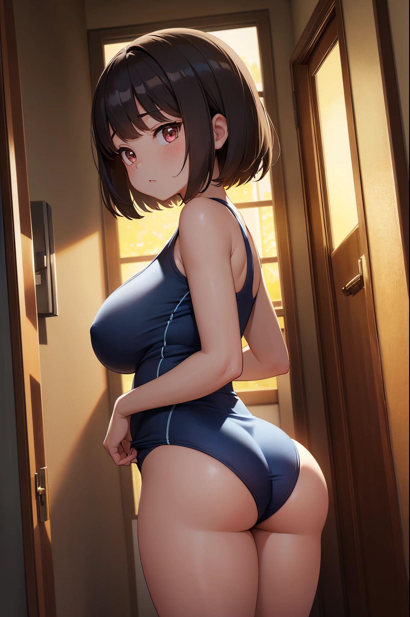 ((masterpiece, best quality;1.3)), ultra detailed, 8k unity wallpapers, CG, ray tracing, illustration, colorful, cinematic shadow, extremely detailed and beautiful background,vhd, shadering VRay,RT, 1loli, kid, short marrom hair, marrom eyes, big breasts, plump ass, school swimsuit, school storage room, glowing, glowing light, ultra detailed, scenic, atmospheric