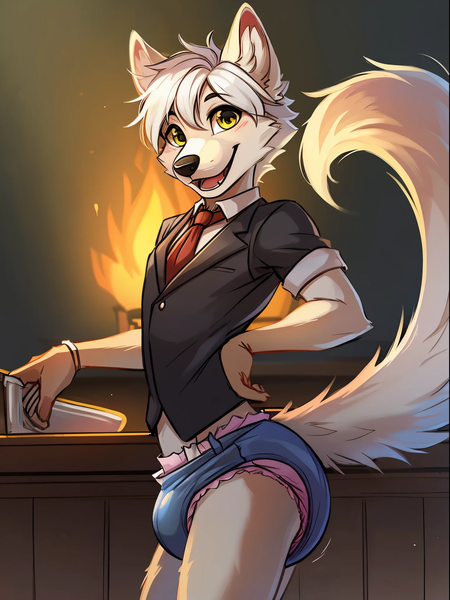 Male, arctic wolf, yellow irises, detailed eyes, long tail, bartender, detailed plain diaper, simple background, white hair, adult Male, happy