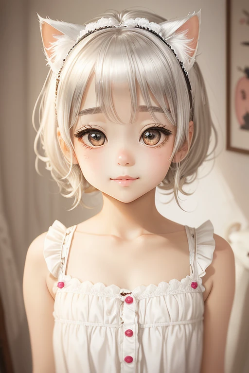 solo front portrait Idade8old and small breasted lolita 100centimeter short stature kawaii girl A slight smil big eye White cat ears loose silver blonde hair White dress