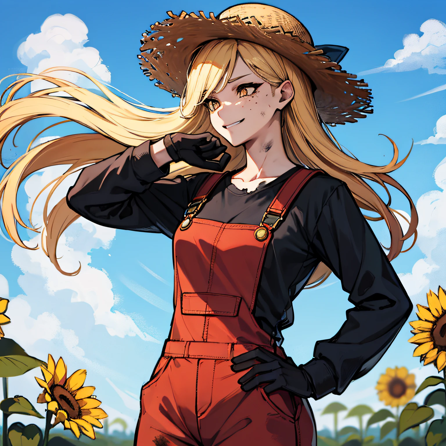 (absurdres, 8k, 4k, masterpiece, hyper extreme detailed:1.2), solo, side view portrait, best quality, portrait, solo, adult, cowboyshot, perfect anatomy, 1girl, perfect face, expressive eyes, perfect eyes, half body, dirty blonde hair, swept bangs, cool, confident, friendly, medium bust, goofy, funny, determined, protagonist, unchanging, worry free, adventurous, long hair, farm, sunflowers, dirt path, blue sky, clouds, sunny city, entertained, messy overalls, dirty, gold eyes, gloves, eccentric, odd, quirky, unique, carefree, original, messy hair, wind, windy, moving hair, moving clothes, tangled hair, dirty, happy, content, overalls, white under shirt, musical, freedom, inspiring, leader, america, dynamic pose, friendly, slight smirk, left hand on hat, right hand on hip, freckles, flowing hair, farmer, wandering, nomad, musician, straw hat, freckles, dirty face, dirty clothes, white gloves, smiling, half body, torn clothes,