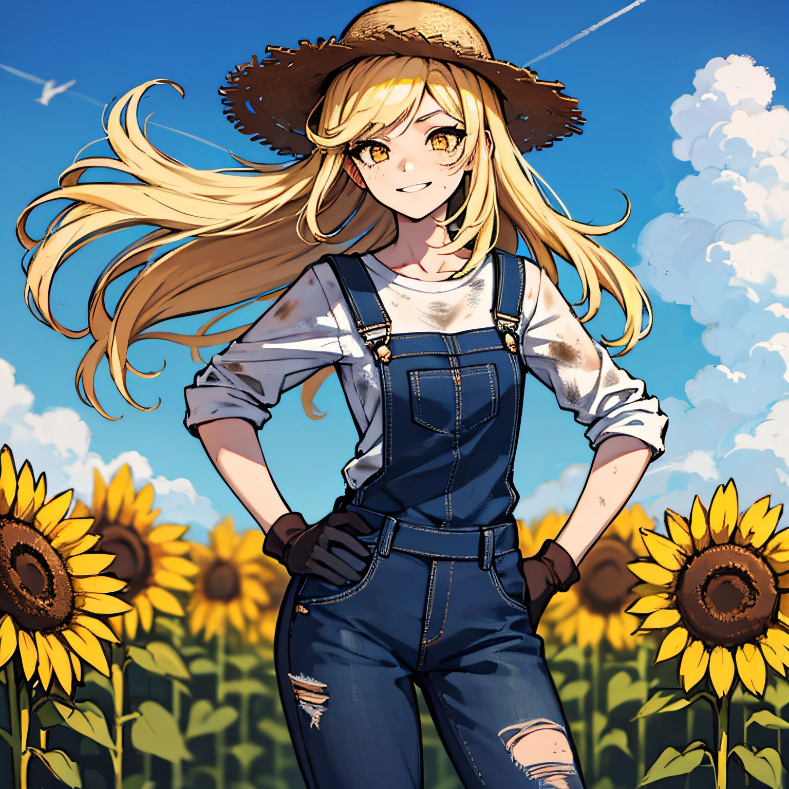 (absurdres, 8k, 4k, masterpiece, hyper extreme detailed:1.2), solo, side view portrait, best quality, portrait, solo, adult, cowboyshot, perfect anatomy, 1girl, perfect face, expressive eyes, perfect eyes, half body, dirty blonde hair, swept bangs, cool, confident, friendly, medium bust, goofy, funny, determined, protagonist, unchanging, worry free, adventurous, long hair, farm, sunflowers, dirt path, blue sky, clouds, sunny city, entertained, messy overalls, dirty, gold eyes, gloves, eccentric, odd, quirky, unique, carefree, original, messy hair, wind, windy, moving hair, moving clothes, tangled hair, dirty, happy, content, overalls, white under shirt, musical, freedom, inspiring, leader, america, dynamic pose, friendly, slight smirk, left hand on hat, right hand on hip, freckles, flowing hair, farmer, wandering, nomad, musician, straw hat, freckles, dirty face, dirty clothes, white gloves, smiling, half body, torn clothes,