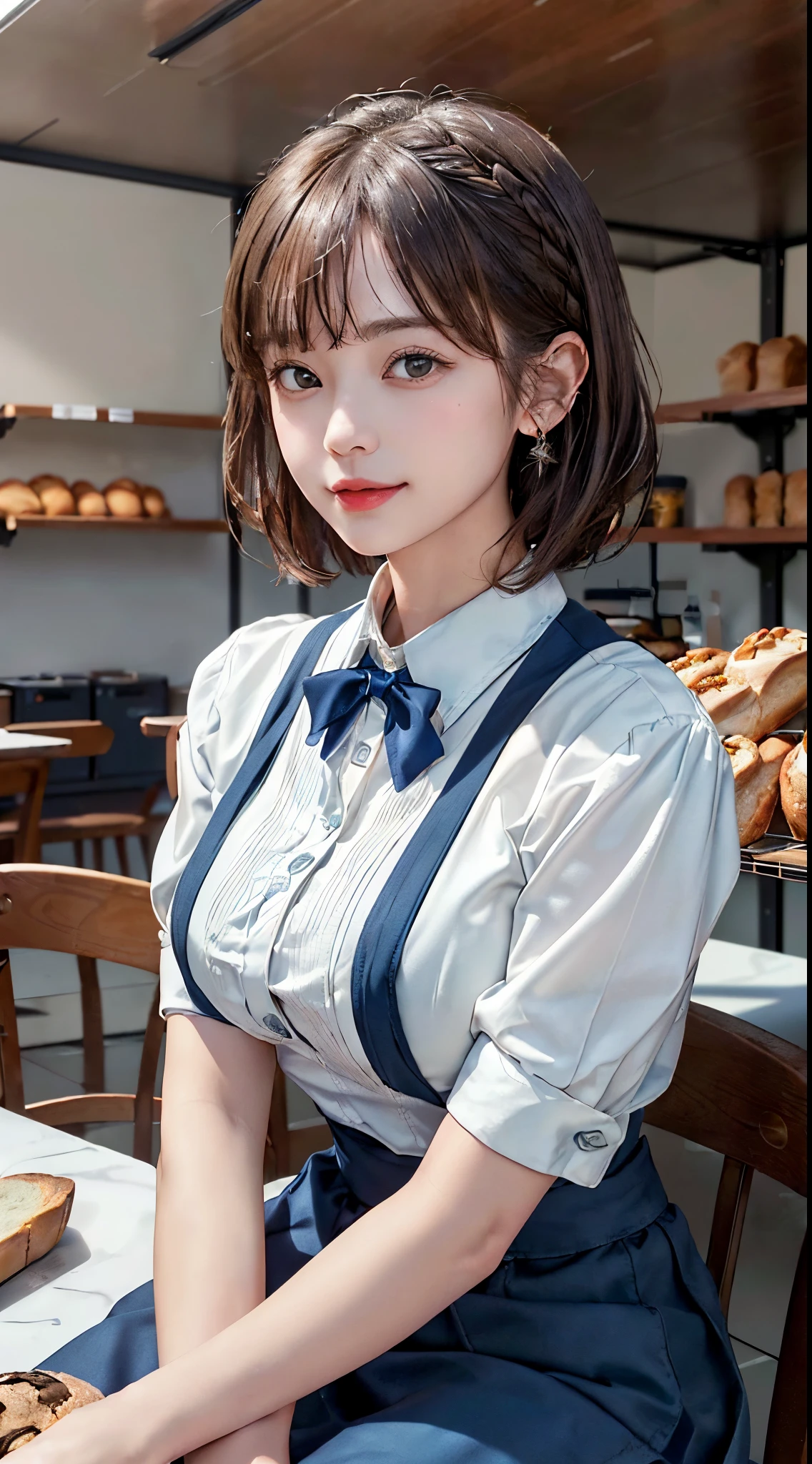 masterpiece、top-quality、超A high resolution、(Photographic realism:1.4)、(sit on chair:1.7、Put your arms on the table in front of you:1.7、put your head on the table:1.7、Put your face on the table:1.7、Beautiful woman lying on the table:1.7)、(simple silver necklace:1.5)、((1 girl in、fair skin:1.4、looking at viewert、cow boy shot、spotless、Cute Baby Turtle、Long-haired、A brunette one、Light brown fringed hair、Braided hair、ldisheveled hair、light brown eyes、、Qi bangs short hair、Exploding tits in the same way))、 (red bowtie:1.3), (A smile)、High detail eyes、Long neck、(((Qi bangs short hair)))、eyeslashes、(((Natural soft light、Gaze at the viewer、Engage your audience、Large breasts、Highlights)))、[(hasselblad h6d-400c)], [(medium format image)],[(like a dream)],[(400 megapixels)], (真实感:1.4), (Original photography:1.2), (8K), (masterpiece:1.3), (Realistic), (Surreal), ultra - detailed, illuminations, extremely_tall_actual:1.5 ,extremely_tall_settle:1.5, north african free trade area, north african free trade area, unified, 8K picture wallpaper, astounding、finely detailled, offcial art, Highly detailed ticker unity 8k wallpaper, (top-quality), unbelievable Ridiculous, ultra - detailed, There is light on the face, 电影灯光, 电影灯光, profesional lighting、photon maping、Radio City、physically-based renderingt、solofocus、tack sharp focus、 A high resolution、The is very detailed、Extremely Delicately Beautiful、intricately details、face muscles、a beautiful detailed girl、natural makeup、The facial details are particularly rich、Looking into the distance、(Check slip apron:1.3), (Solid blue high-rise skirt:1.3), (apron over skirt:1.2), (white  shirt:1.3), (double-breasted,Lower bust:1.2), short- sleeved, buttonGap, (Solid blue bow tie:1.2),(Bread salesman:1.5)、(Shelf color々stuffed with bread:1.5)、(ceiling to ceiling shelves:1.5)
