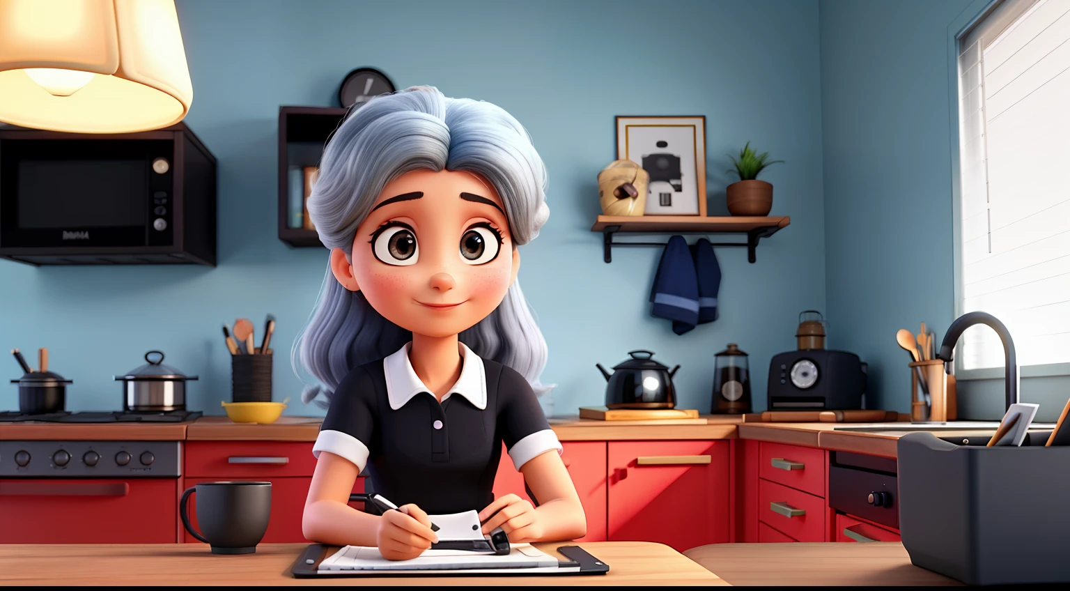 Mulher de 50 anos, Branca, cabelo preto liso, olhos castanhos, ambiente em sua casa na cozinha sentada na mesa. imagem; cinematografic, luz suave, retroiluminado, micro detalhes, renderizado, fotorrealista, cinemactic , 85 mm 1,4