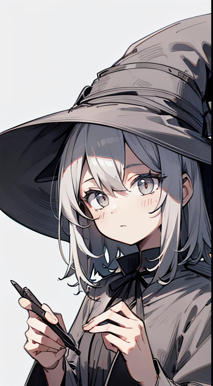 (Masterpiece, Top Quality), (Fine Hair), Ultra-Detailed, Anime like illustration Style, Solo, she is a fantasy wanderer-style vagrant girl, head on black-green wide brim hat, ash-grey curly hair, smiling closed eyes, narrow eyes. sleepy standing, black-green jacket, body fit full suits, White background, 