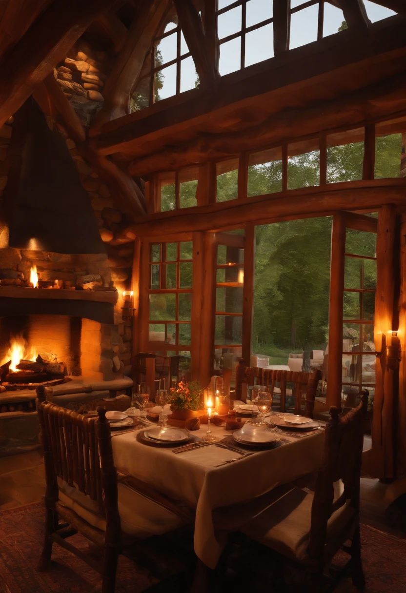 (best quality,4k,8k,highres,masterpiece:1.2),ultra-detailed,(realistic,photorealistic,photo-realistic:1.37), cozy wooden inn, lively bonfire, soft lighting, abundance of food on a wooden table, warm atmosphere, rustic charm, flickering flames, inviting ambiance, aromatic delicacies, delightful feast, comfortable wooden chairs, radiant glow, crackling firewood, rustic ambience, mouthwatering cuisine, inviting setup, wooden interior, mouthwatering spread, delectable treats, warm and welcoming, cozy get-together, abundant variety of dishes, glowing embers, intimate gathering, heartwarming setting, homey vibe, cozy firelight, mouthwatering aroma, convivial atmosphere, bountiful feast, toasty warmth, rustic decor, appetizing flavors, relaxed and inviting, traditional wooden furnishings, savory dishes, friendly hospitality, comforting experience, tranquil ambiance, sumptuous banquet, inviting hearth, flavorsome cuisine, comforting and homely, cozy and intimate, wooden beams, crackling flames.