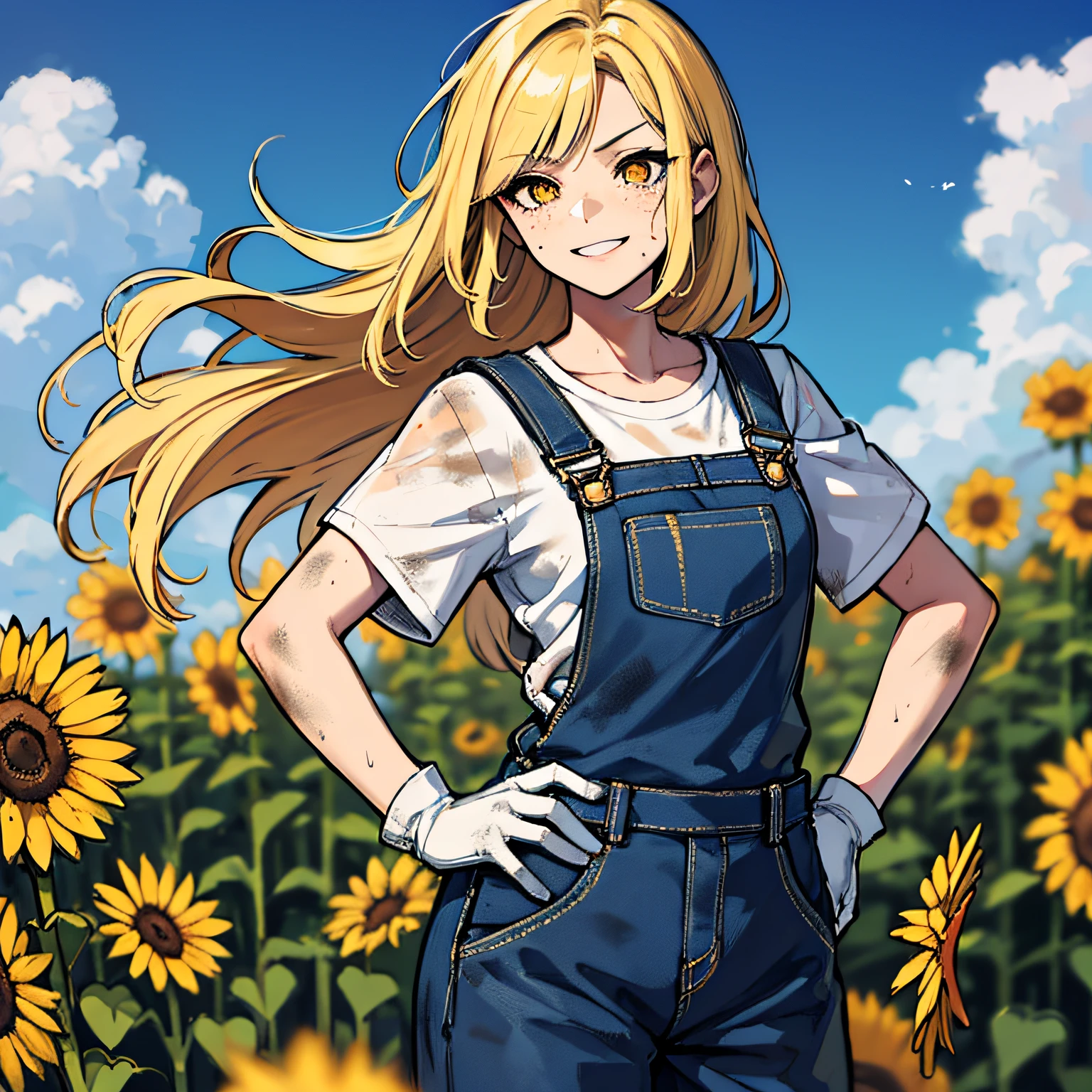 (absurdres, 8k, 4k, masterpiece, hyper extreme detailed:1.2), solo, side view portrait, best quality, portrait, solo, adult, cowboyshot, perfect anatomy, 1girl, perfect face, expressive eyes, perfect eyes, half body, dirty blonde hair, swept bangs, cool, confident, friendly, medium bust, goofy, funny, determined, protagonist, unchanging, worry free, adventurous, long hair, farm, sunflowers, dirt path, blue sky, clouds, sunny city, entertained, messy overalls, dirty, gold eyes, gloves, eccentric, odd, quirky, unique, carefree, original, messy hair, wind, windy, moving hair, moving clothes, tangled hair, dirty, happy, content, overalls, white under shirt, musical, freedom, inspiring, leader, america, dynamic pose, friendly, slight smirk, left hand on hat, right hand on hip, freckles, flowing hair, farmer, wandering, nomad, musician, straw hat, freckles, dirty face, dirty clothes, white gloves, smiling, half body, torn clothes,