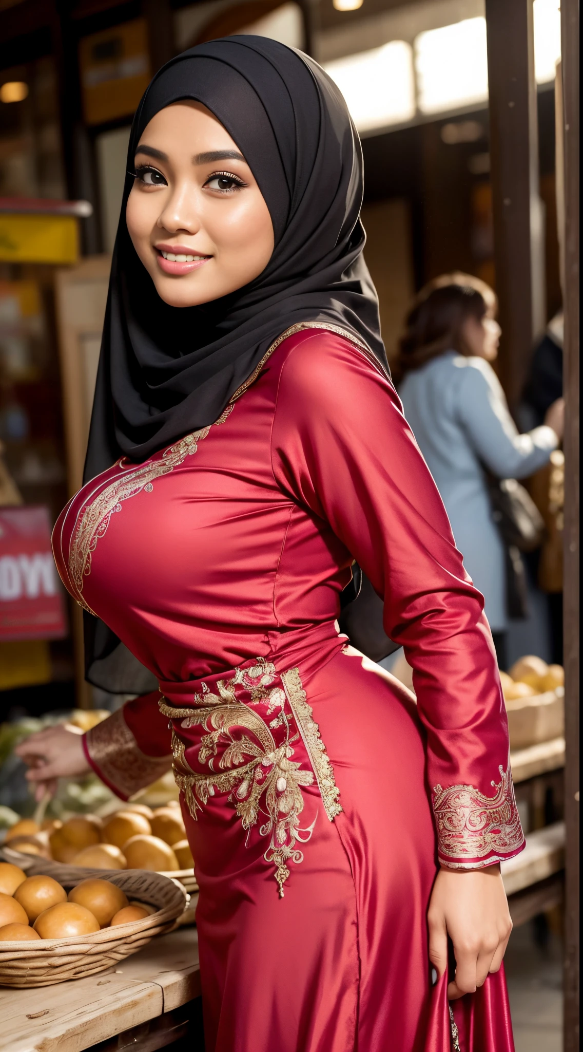 RAW, Best quality, high resolution, masterpiece: 1.3), beautiful Malay woman in hijab (iu:0.8),woman standing on the market, beautiful design, wearing a beautiful tight baju kurung, beautiful clothes, very beautiful style, floral patterned dress, beautiful masterpiece, beautiful dress, wearing a graceful dress, very beautiful masterpiece, fine details, beautiful dress, full dress closed, very beautiful and graceful, very detailed, big breasts, round buttocks, from behind, (looking at the audience, looking back, facial details, double eyelids, smiling)