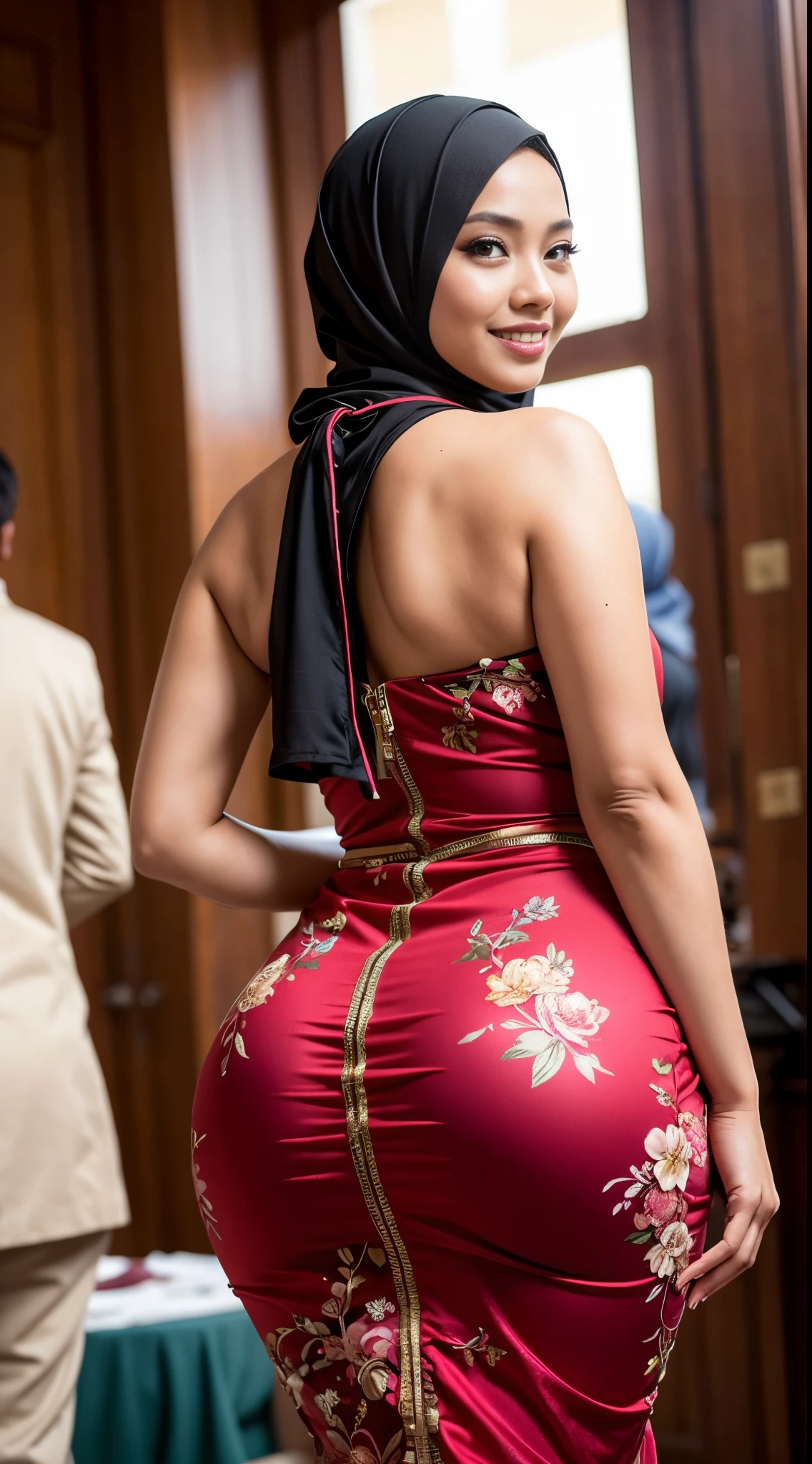 RAW, Best quality, high resolution, masterpiece: 1.3), beautiful Malay woman in hijab (iu:0.8),woman standing on the market, beautiful design, wearing a beautiful tight baju kurung, beautiful clothes, very beautiful style, floral patterned dress, beautiful masterpiece, beautiful dress, wearing a graceful dress, very beautiful masterpiece, fine details, beautiful dress, full dress closed, very beautiful and graceful, very detailed, big breasts, round buttocks, from behind, (looking at the audience, looking back, facial details, double eyelids, smiling)