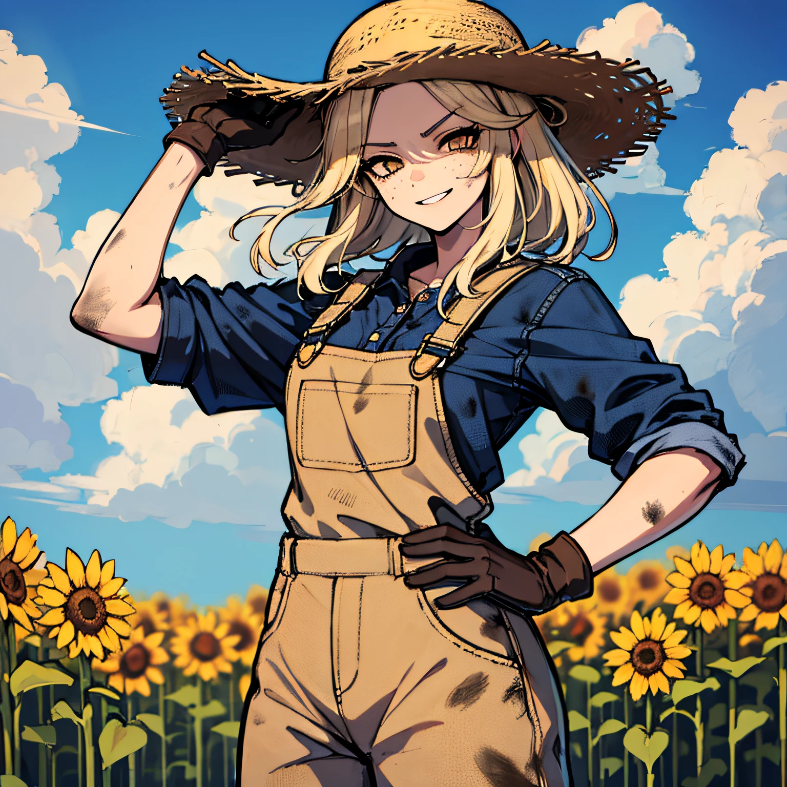 (absurdres, 8k, 4k, masterpiece, hyper extreme detailed:1.2), solo, side view portrait, best quality, portrait, solo, adult, cowboyshot, perfect anatomy, 1girl, perfect face, expressive eyes, perfect eyes, half body, dirty blonde hair, swept bangs, cool, confident, friendly, medium bust, goofy, funny, determined, protagonist, unchanging, worry free, adventurous, long hair, farm, sunflowers, dirt path, blue sky, clouds, sunny city, entertained, messy overalls, dirty, gold eyes, gloves, eccentric, odd, quirky, unique, carefree, original, messy hair, wind, windy, moving hair, moving clothes, tangled hair, dirty, happy, content, overalls, white under shirt, musical, freedom, inspiring, leader, america, dynamic pose, friendly, slight smirk, left hand on hat, right hand on hip, freckles, flowing hair, farmer, wandering, nomad, musician, straw hat, freckles, dirty face, dirty clothes, white gloves, smiling, half body, torn clothes,