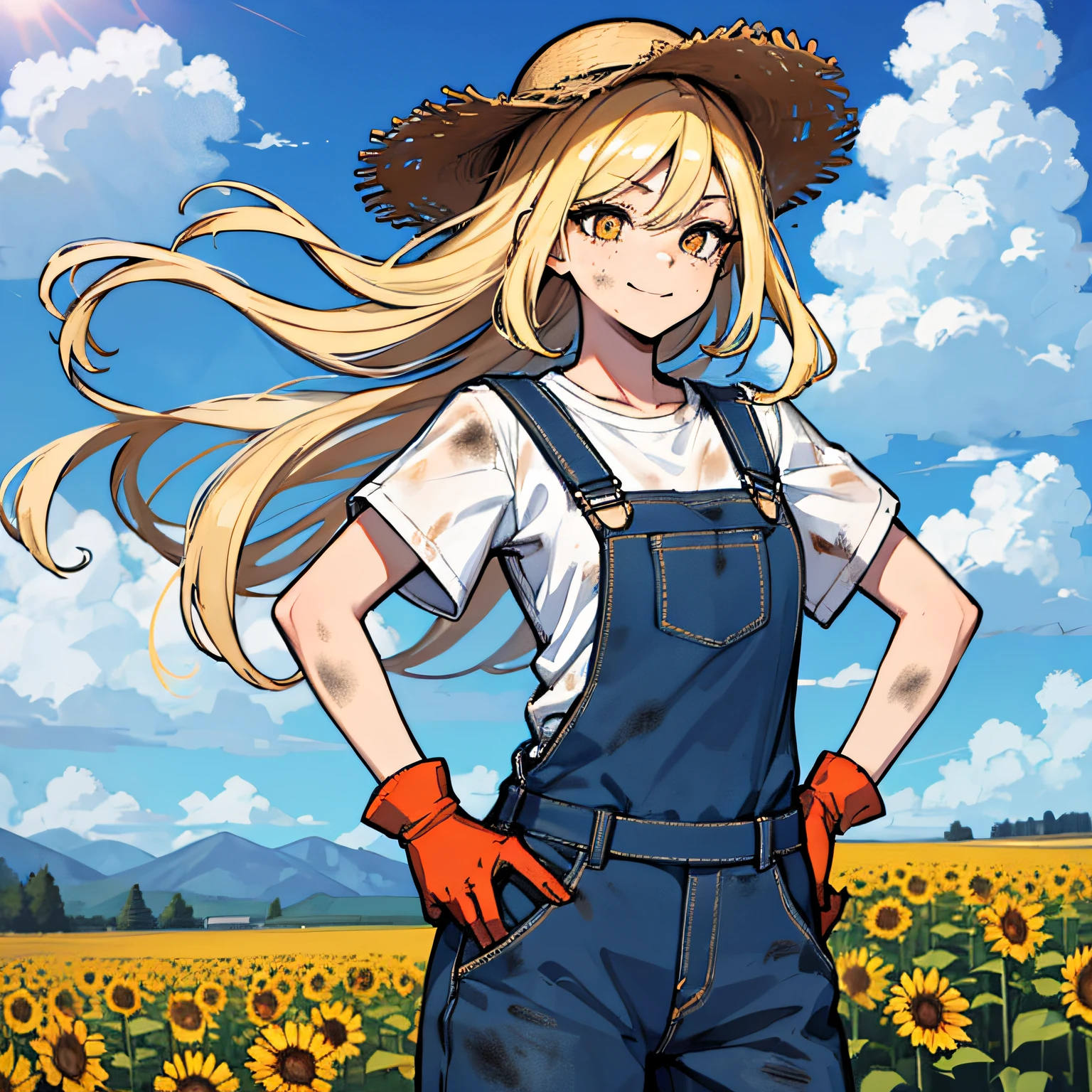 (absurdres, 8k, 4k, masterpiece, hyper extreme detailed:1.2), solo, side view portrait, best quality, portrait, solo, adult, cowboyshot, perfect anatomy, 1girl, perfect face, expressive eyes, perfect eyes, half body, dirty blonde hair, swept bangs, cool, confident, friendly, medium bust, goofy, funny, determined, protagonist, unchanging, worry free, adventurous, long hair, farm, sunflowers, dirt path, blue sky, clouds, sunny city, entertained, messy overalls, dirty, gold eyes, gloves, eccentric, odd, quirky, unique, carefree, original, messy hair, wind, windy, moving hair, moving clothes, tangled hair, dirty, happy, content, overalls, white under shirt, musical, freedom, inspiring, leader, america, dynamic pose, friendly, slight smirk, left hand on hat, right hand on hip, freckles, flowing hair, farmer, wandering, nomad, musician, straw hat, freckles, dirty face, dirty clothes, white gloves, smiling, half body, torn clothes,
