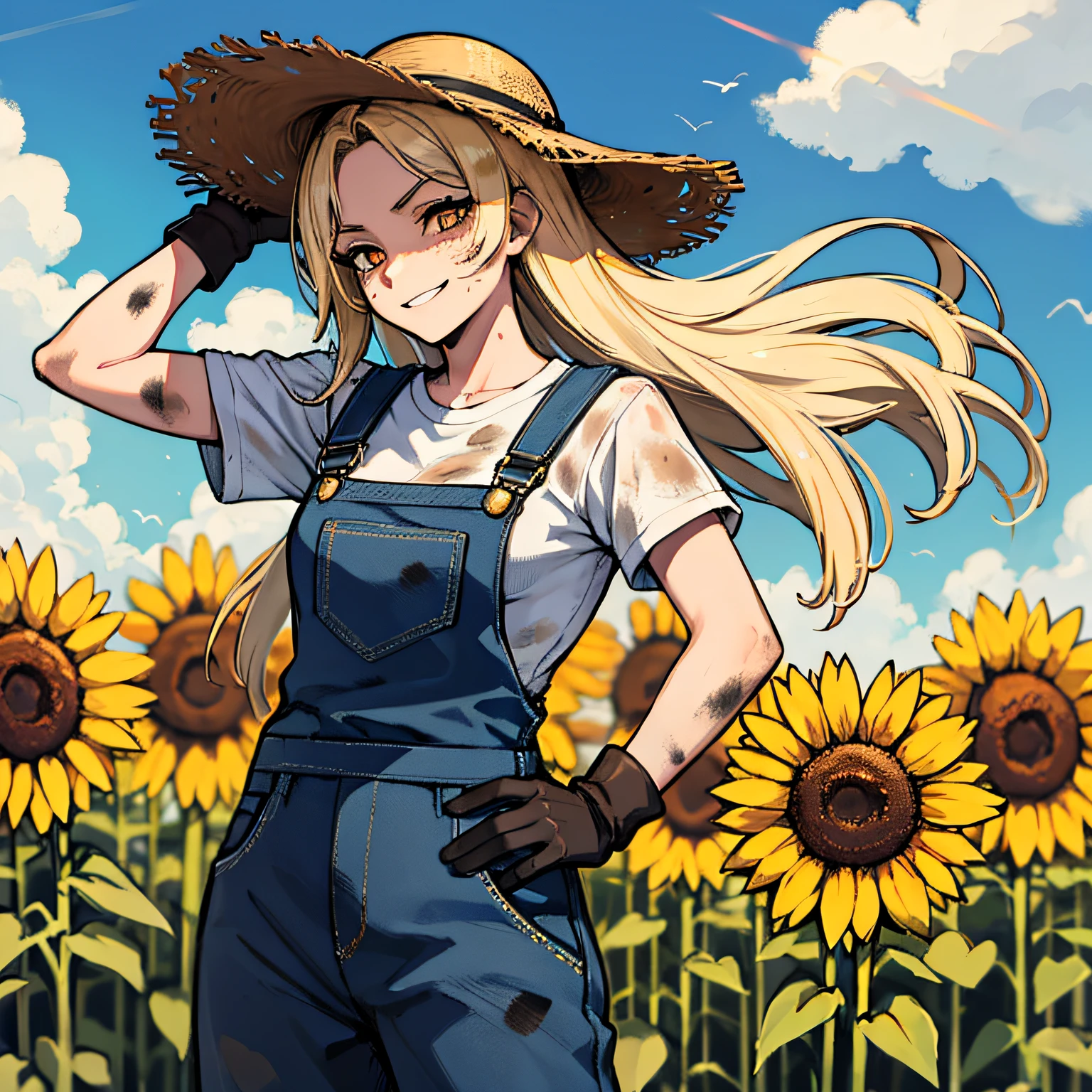 (absurdres, 8k, 4k, masterpiece, hyper extreme detailed:1.2), solo, side view portrait, best quality, portrait, solo, adult, cowboyshot, perfect anatomy, 1girl, perfect face, expressive eyes, perfect eyes, half body, dirty blonde hair, swept bangs, cool, confident, friendly, medium bust, goofy, funny, determined, protagonist, unchanging, worry free, adventurous, long hair, farm, sunflowers, dirt path, blue sky, clouds, sunny city, entertained, messy overalls, dirty, gold eyes, gloves, eccentric, odd, quirky, unique, carefree, original, messy hair, wind, windy, moving hair, moving clothes, tangled hair, dirty, happy, content, overalls, white under shirt, musical, freedom, inspiring, leader, america, dynamic pose, friendly, slight smirk, left hand on hat, right hand on hip, freckles, flowing hair, farmer, wandering, nomad, musician, straw hat, freckles, dirty face, dirty clothes, white gloves, smiling, half body, torn clothes,