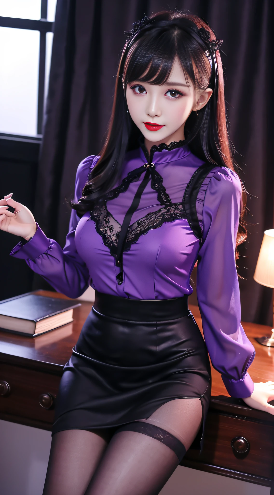 Charming beauties、校服、blouse、tight skirts、Evil Female Executive、Evil Fall、dark、brainwash、thighband pantyhose、lacy fabric、Glossy legs、Red lipstick、Evil look、Suspicious look、Hollow eyes、darkened room、Night、wicked、offer purple liquid、seductiv