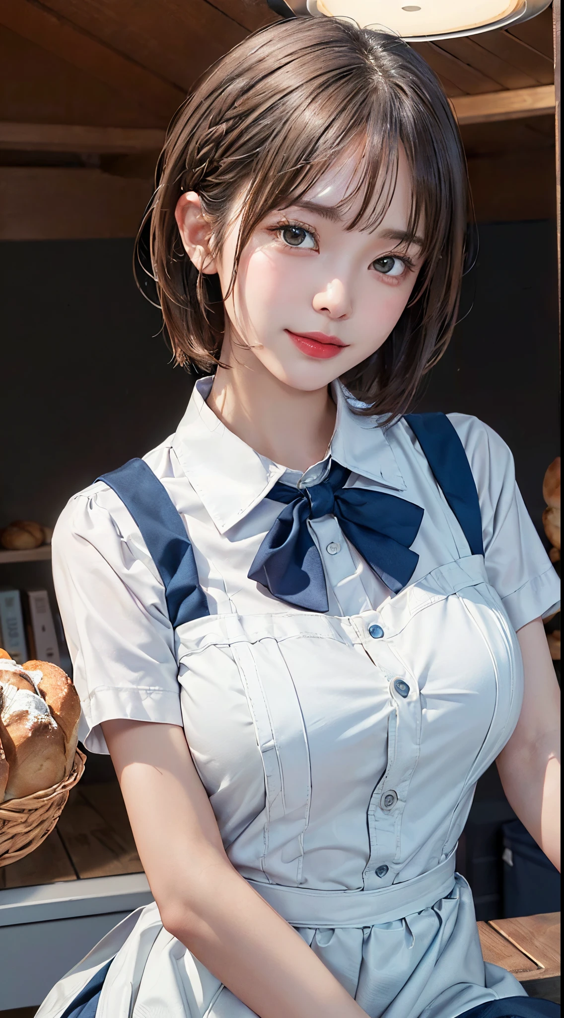 tmasterpiece、top-quality、超A high resolution、(photographyrealism:1.4)、(sit on chair:1.7、Put your arms on the table in front of you:1.7、Place your head on the table:1.7、Put your face on the table:1.7、Beautiful woman lying on the table:1.7)、(Simple silver necklace:1.5)、((1 girl in、White skin of the:1.4、looking at viewert、cow boy shooting、spotless、Cute little turtle、shaggy、A brunette one、Light brown fringed hair、Braided hair、Unkheveled hair、light brown eyes、、Qi bangs short hair、Explode breasts in the same way))、 (red bowtie:1.3), (A smile)、High detail eyes、Long neck、(((Qi bangs short hair)))、eyeslashes、(((Natural soft light、Gaze at the viewer、Entice your audience、Large breasts、to emphasize)))、[(hasselblad h6d-400c)], [(medium format image)],[(like a dream)],[(400 megapixels)], (真实感:1.4), (Original photography:1.2), (8K), (tmasterpiece:1.3), (actual), (Surreal), ultra - detailed, lamplight, exceedingly_tall_actual:1.5 ,exceedingly_tall_settle down:1.5, north african free trade area, north african free trade area, unified, 8K picture wallpaper, astounding、Detailed pubic hair, offcial art, Highly detailed stock ticker Unity 8k wallpaper, (top-quality), Extremely ridiculous, ultra - detailed, There is light on the face, Movie lamplight, Movie lamplight, profesional lighting、photon maping、Radio City、physically-based renderingt、solofocus、lock focus、 A high resolution、The content is very detailed、Extremely Delicately Beautiful、intricately details、face muscles、a beautiful detailed girl、natural makeup、The facial details are particularly rich、looking at the distance、(Check slip apron:1.3), (Solid blue high-rise skirt:1.3), (apron over skirt:1.2), (white  shirt:1.3), (double-breasted,Lower bust:1.2), short- sleeved, buttonGap, (Solid blue bow tie:1.2),(bread salesman:1.5)、(Shelf color々stuffed with bread:1.5)、(ceiling to ceiling shelves:1.5)
