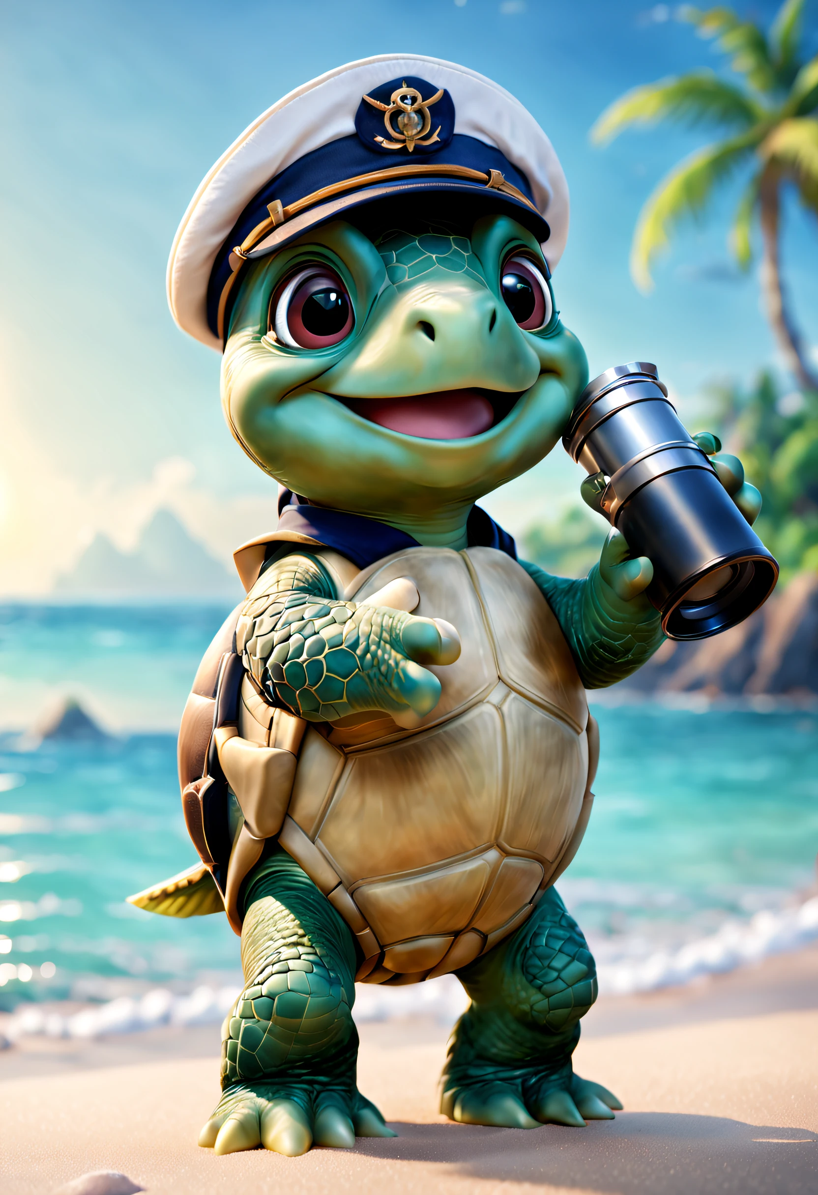 pixar-style, Super cute anthropomorphic smiling little turtle captain suit, holding a telescope，optics ，Gentle background , big bright eyes, ，Wearing a sailor's hat, Happy smile, Delicate and delicate, Fairytale, hyper-high detail, pixar-style, vivd colour, Natural soft light, 3 Rendering, gorgeous one, ultra-wide-angle, 8K, HD realistic,