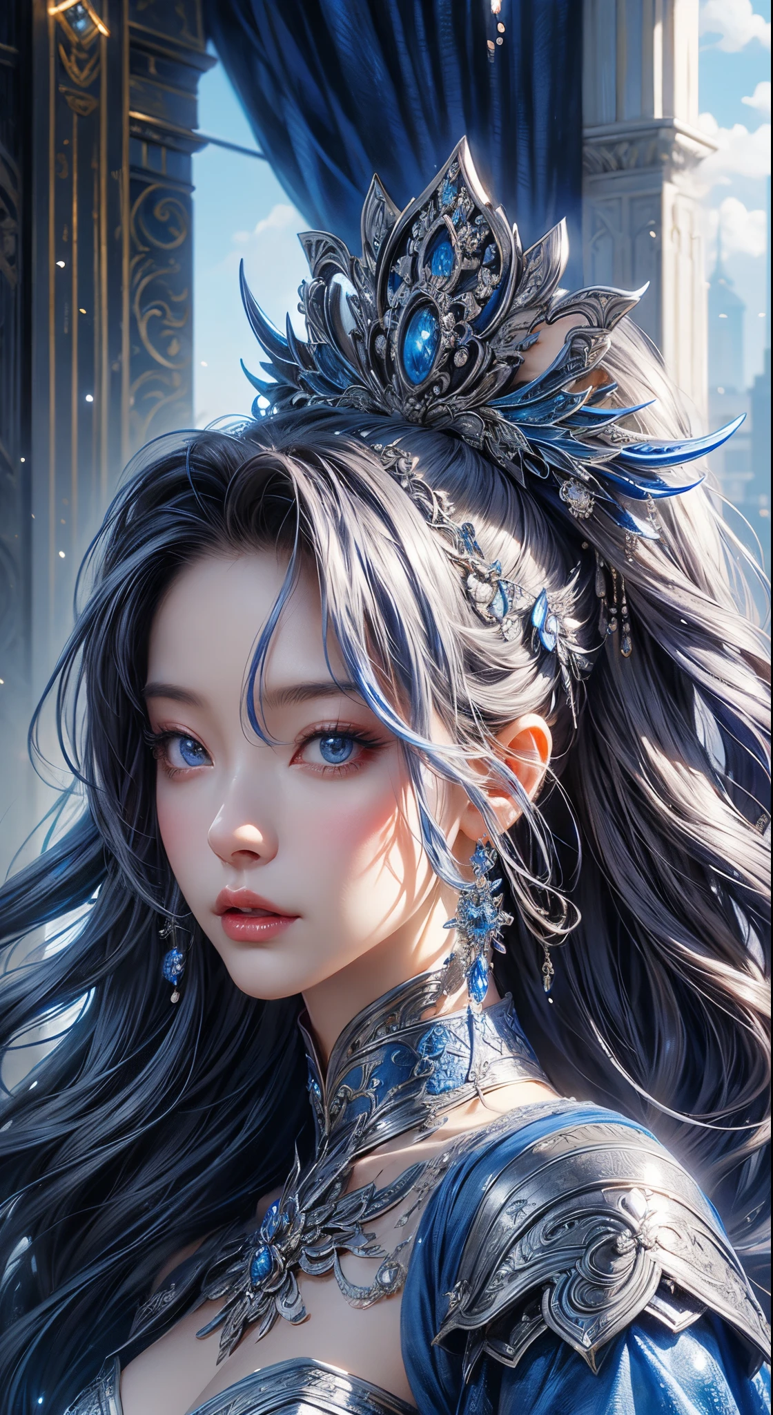 a close up of a woman in a silver and blue dress, chengwei pan on artstation, by Yang J, detailed fantasy art, stunning character art, fanart best artstation, epic exquisite character art, beautiful armor, extremely detailed artgerm, detailed digital anime art, artgerm on artstation pixiv, armor girl
