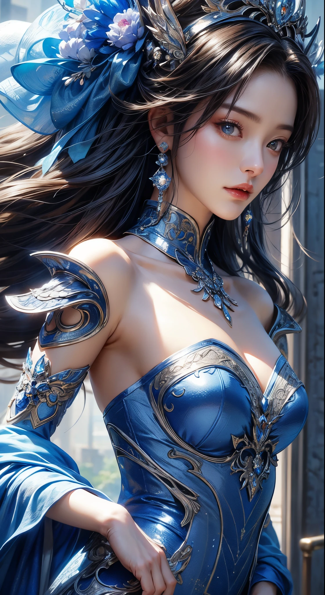 a close up of a woman in a silver and blue dress, chengwei pan on artstation, by Yang J, detailed fantasy art, stunning character art, fanart best artstation, epic exquisite character art, beautiful armor, extremely detailed artgerm, detailed digital anime art, artgerm on artstation pixiv, armor girl