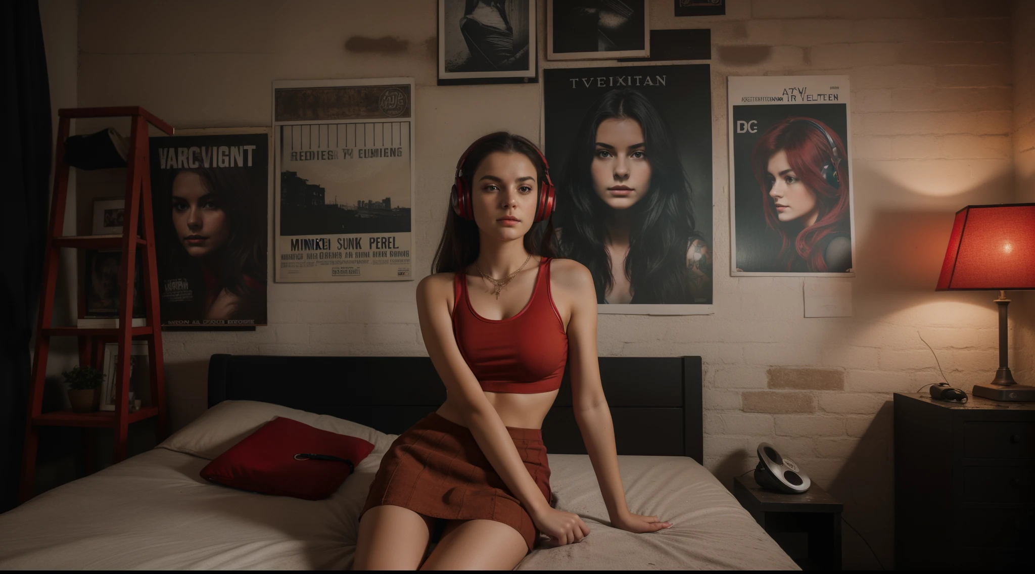(highres, realistic:1.37),A 17 years old girl (alone) in her room,[Her face is combination of (((irene1:1.2))) and (((Excella_er5:1.2)))]. ((She is wearing a (red:1.4) tank-top and a (red:1.4) miniskirt:1.4)). Her cleavage was visible from her large breasts. She has black hair,tall and slender body,(192cm tall),thin and delicate figure,graceful posture. Her room has rock feel,isolated atmosphere,grunge details,distressed textures,moody lighting,dark shadows,edgy fashion,dreamy gaze,vintage posters,posters on the wall,music player,headphones,sketchbook,comfortable chair,large window,band t-shirts,artistic pins,CD collection,inspirational quotes,urban setting,teenage rebellion,expressive tattoos,determined expression,dimmed lights,contrast and depth,rough brick walls,statement necklace,peaceful moment,thoughtful mood,messy bed,texture-rich artwork