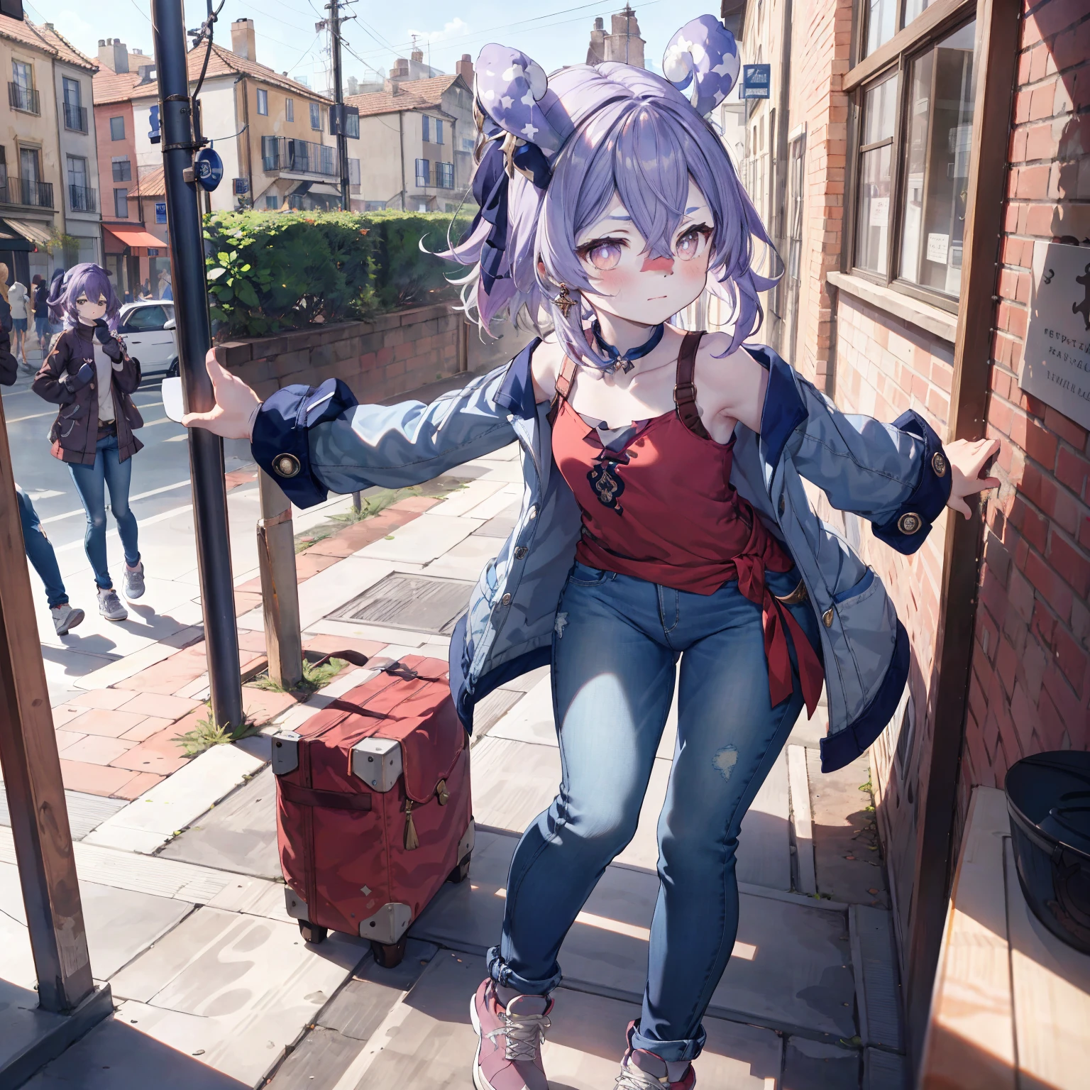 Melousine|genshin impact, masterpiece, bestquality,3 girl,young girl, Long Jeans,  Wear glasses, purple hair color, long hair in a ponytail,,,,,,,,unstable _Front,oily shiny skin,flat chest,nice leg line:1.3,thick thighs, thin-waist,, red_streaks_light_wrap_dress, white_platform_sneakers, woven_El_bag, straw_headgear, gold_hoop_earrings, jacket, In a 19th century French town, long jeans city scenery,looking at the audience,From Top:1.2,dynamic angle