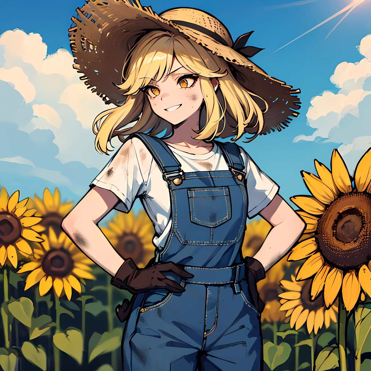 (absurdres, 8k, 4k, masterpiece, hyper extreme detailed:1.2), solo, side view portrait, best quality, portrait, solo, adult, cowboyshot, perfect anatomy, 1girl, perfect face, expressive eyes, perfect eyes, half body, dirty blonde hair, swept bangs, cool, confident, friendly, medium bust, goofy, funny, determined, protagonist, unchanging, worry free, adventurous, long hair, farm, sunflowers, dirt path, blue sky, clouds, sunny city, entertained, messy overalls, dirty, gold eyes, gloves, eccentric, odd, quirky, unique, carefree, original, messy hair, wind, windy, moving hair, moving clothes, tangled hair, dirty, happy, content, overalls, white under shirt, musical, freedom, inspiring, leader, america, dynamic pose, friendly, slight smirk, left hand on hat, right hand on hip, freckles, flowing hair, farmer, wandering, nomad, musician, straw hat, freckles, dirty face, dirty clothes, white gloves, smiling, half body, torn clothes,