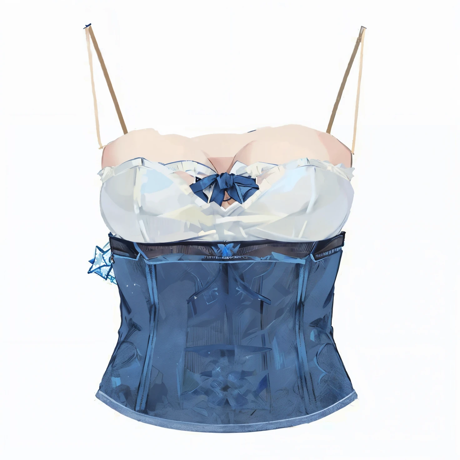 a close up of a blue and white corset with a star on it, blue corset, upper torso included, corsets, jean paul gaultier, waist up, halter-top, vests and corsets, cyan corset, mugler, corset, thierry mugler, halter top, straight neck, waist - up, elegant corset, upper torso 2D shirt drawing shirt drawing 2d