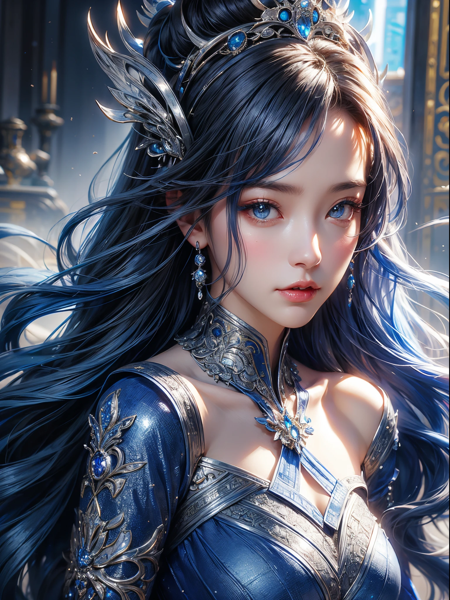 a close up of a woman in a silver and blue dress, chengwei pan on artstation, by Yang J, detailed fantasy art, stunning character art, fanart best artstation, epic exquisite character art, beautiful armor, extremely detailed artgerm, detailed digital anime art, artgerm on artstation pixiv, armor girl