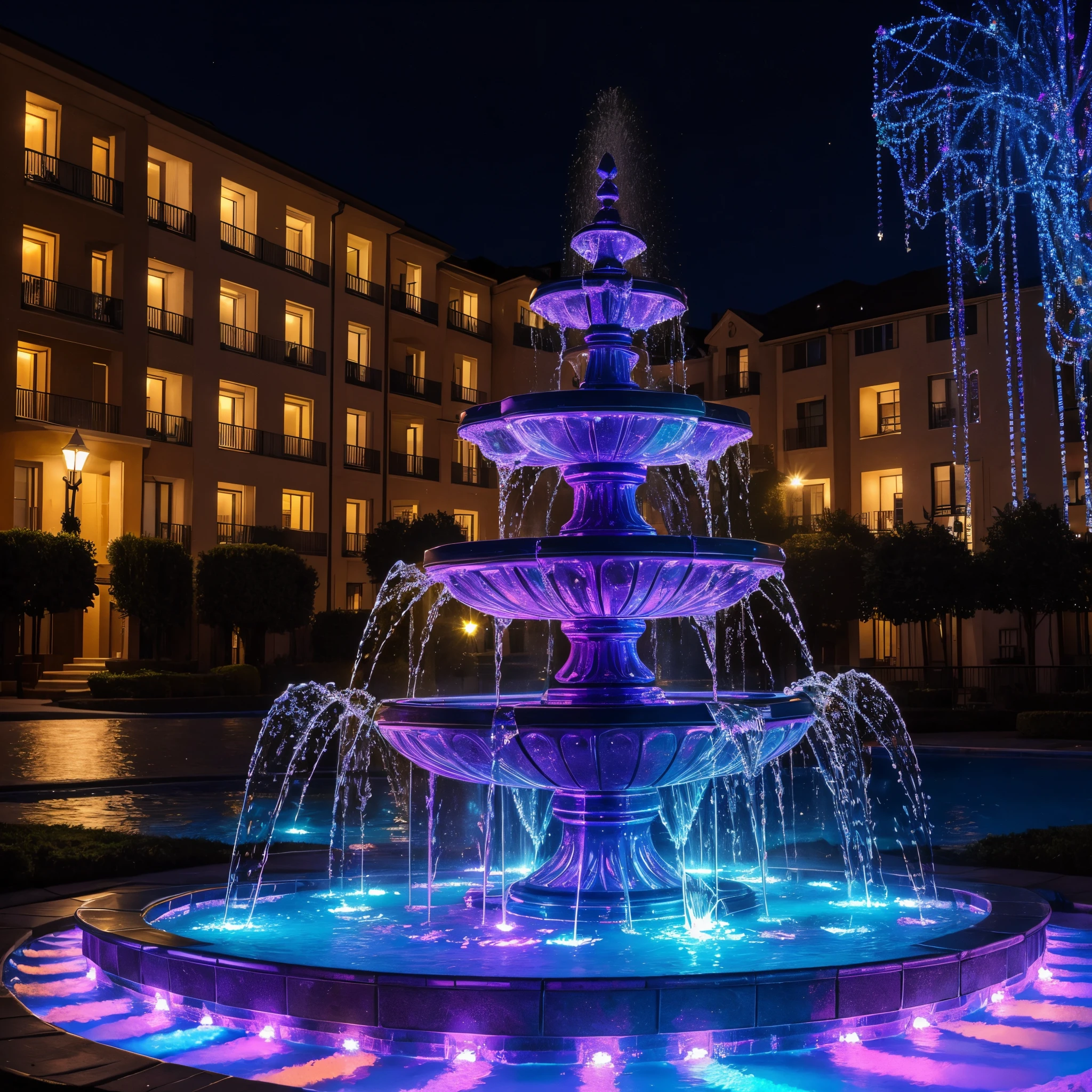 (masterpiece, best quality), best resolution, elaborate crystal water fountain, multicolored lights, apartment building courtyard, night