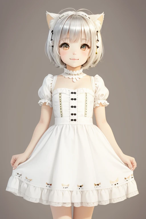 Solo front full body portrait Idade8old and small breasted lolita 100centimeter short stature kawaii girl A slight smil big eye White cat ears loose silver blonde hair White dress