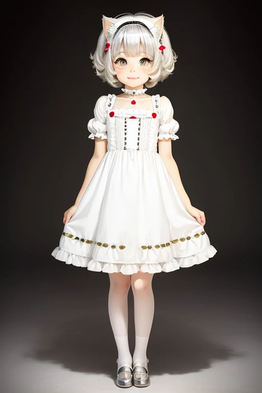 Solo front full body portrait　Idade８old and small breasted lolita　１００centimeter short stature　kawaii girl　A slight smil　big eye　White cat ears　loose silver blonde hair　White dress