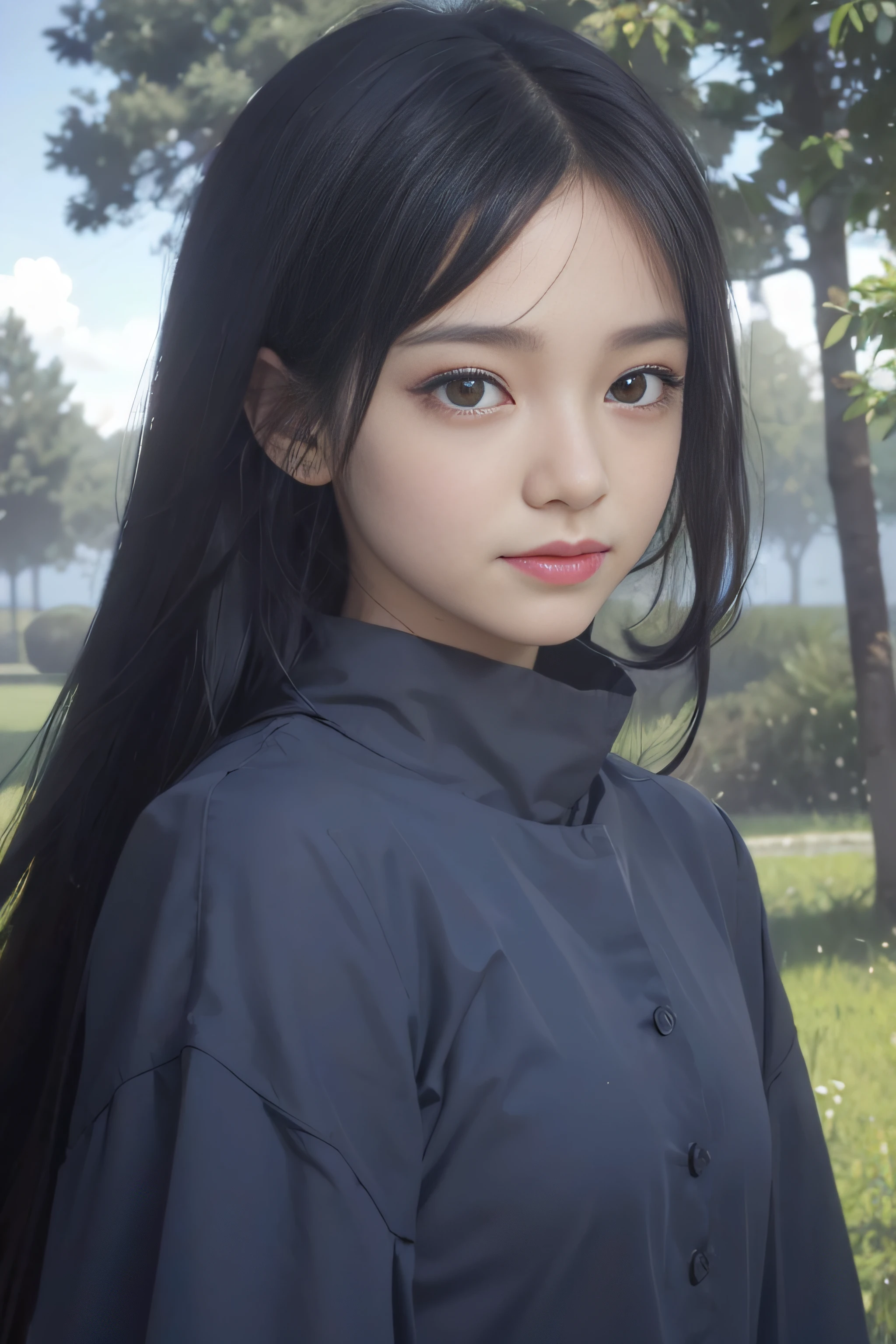 masterpiece, best quality, (realistic, photo-realistic:1.4), (RAW photo:1.2), extremely detailed CG unity 8k wallpaper, delicate and beautiful, amazing, finely detail, official art, absurdres, incredibly absurdres, huge filesize, ultra-detailed, extremely detailed,extremely detailed girl, extremely detailed eyes and face, light on face,little smile,long hair,(black eyes:1.7),long hair,black hair,grass field,sunrise,flower petals,wind blow