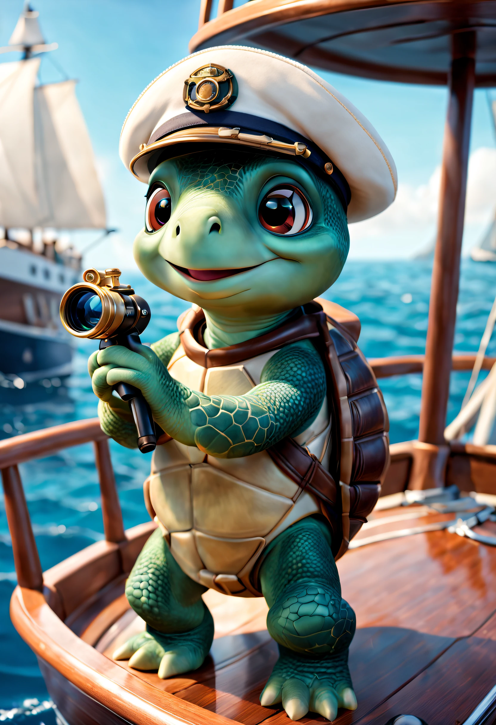 pixar-style, Super cute anthropomorphic smiling little turtle captain suit, holding a telescope，Captain's costume，Driving a boat with optics ，Gentle background , big bright eyes, ，Wearing a sailor's hat, Happy smile, Delicate and delicate, Fairytale, hyper-high detail, pixar-style, vibrant with colors, Natural soft light, 3 Rendering, gorgeous one, ultra-wide-angle, 8K, HD realistic,