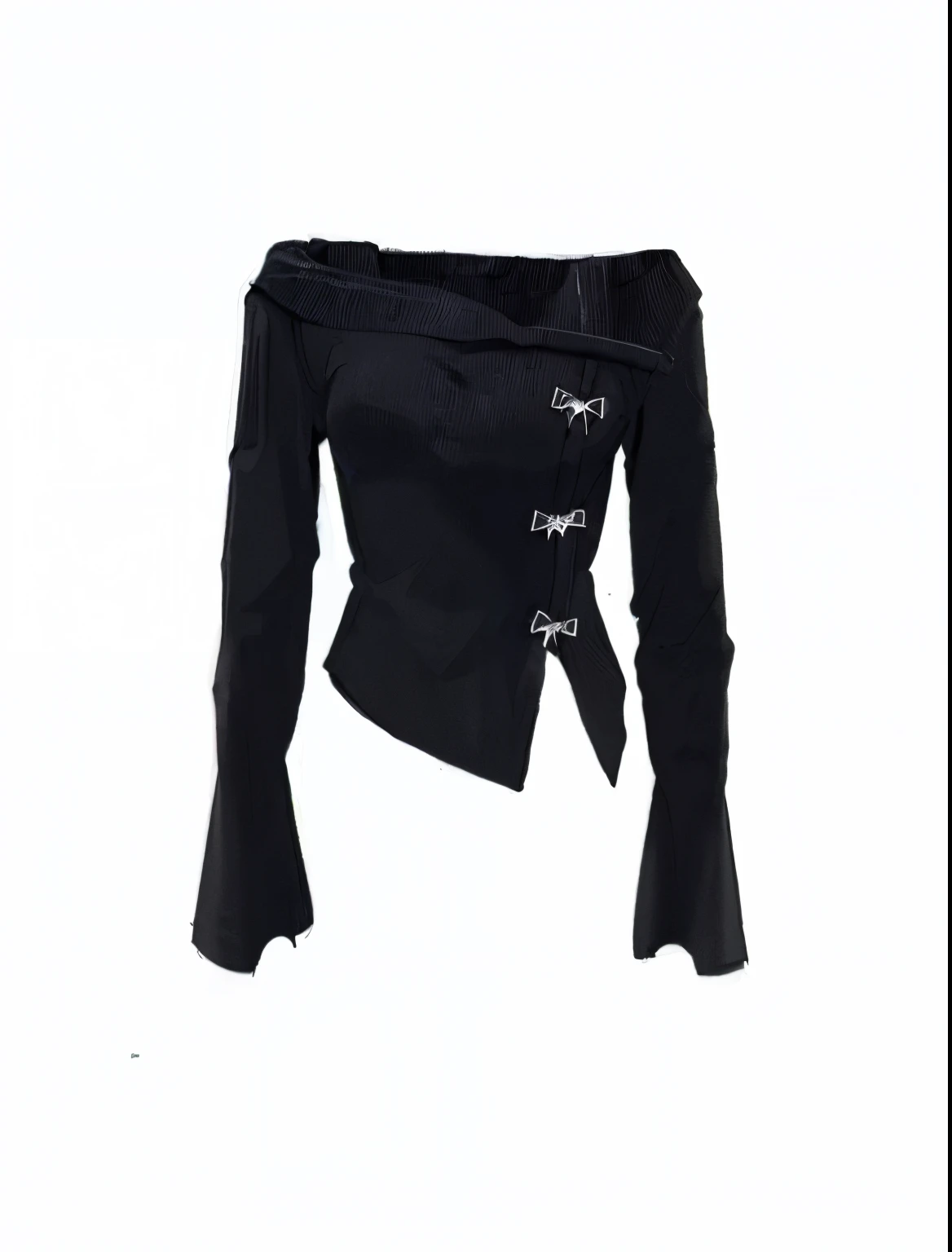 a close up of a black top with a bow on the front, gothic jacket, black gothic jacket, black wool sweater, thierry mugler, gothic coat, elegant asymmetrical, mugler, jessica, by Gavin Hamilton, 90's, 9 0's, gothic clothing, anna, generous cleavage open jacket, black sweater, gothic clothes, 9 0 - s 2D shirt drawing shirt drawing 2d