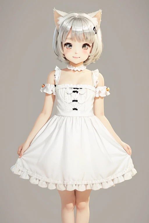 Solo front full body portrait Idade8old and small breasted ta 100centimeter short stature kawaii girl A slight smil big eye White cat ears loose silver blonde hair White dress