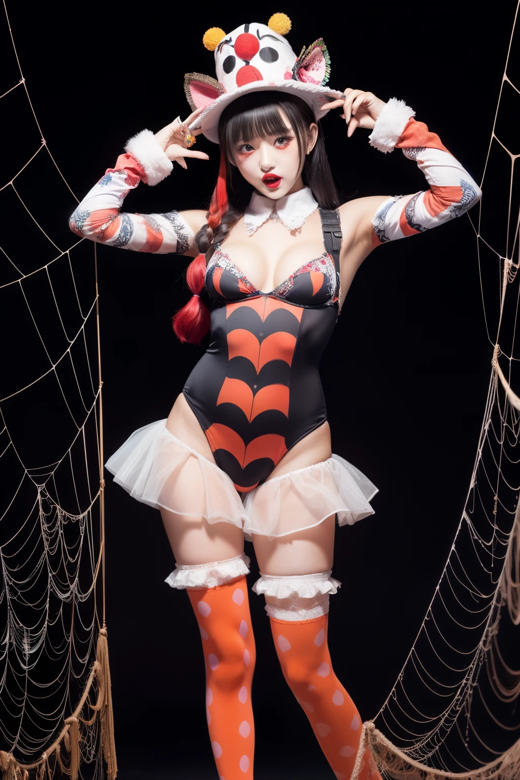 Female idol covered in spiders、full body Esbian、、Clown fashion full of spiders(Leotard style)、Clown hat、spider webs