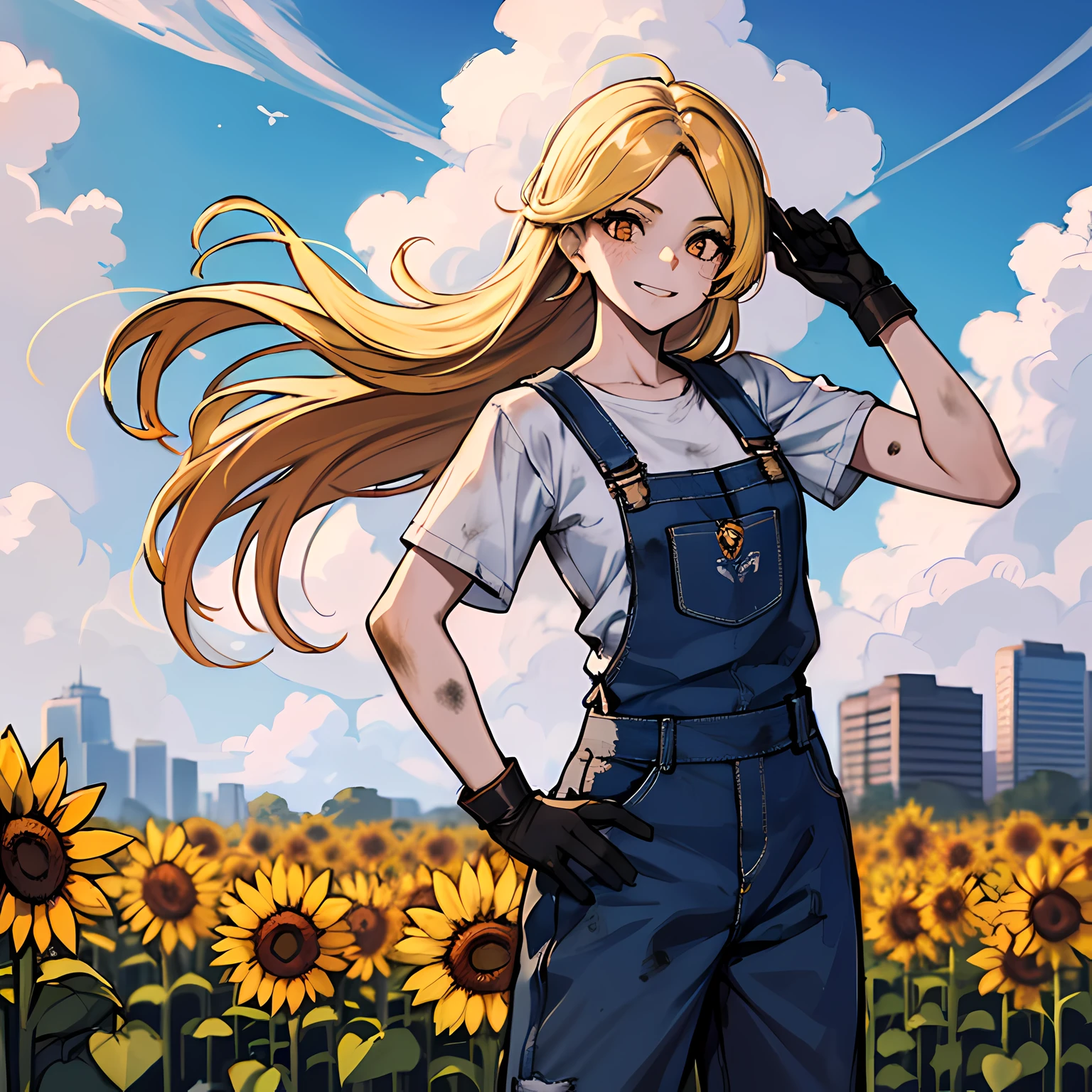 (absurdres, 8k, 4k, masterpiece, hyper extreme detailed:1.2), solo, side view portrait, best quality, portrait, solo, adult, cowboyshot, perfect anatomy, 1girl, perfect face, expressive eyes, perfect eyes, half body, dirty blonde hair, swept bangs, cool, confident, friendly, medium bust, goofy, funny, determined, protagonist, unchanging, worry free, adventurous, long hair, farm, sunflowers, dirt path, blue sky, clouds, sunny city, entertained, messy overalls, dirty, gold eyes, gloves, eccentric, odd, quirky, unique, carefree, original, messy hair, wind, windy, moving hair, moving clothes, tangled hair, dirty, happy, content, overalls, white under shirt, musical, freedom, inspiring, leader, america, dynamic pose, friendly, slight smirk, left hand on hat, right hand on hip, freckles, flowing hair, farmer, wandering, nomad, musician, straw hat, freckles, dirty face, dirty clothes, white gloves, smiling, half body, torn clothes,