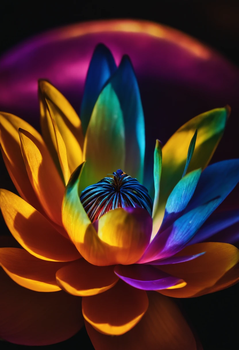 Lotus flower with light petals, symbol of Buddhism, iridescent in rainbow colors, with a golden aura around him with a very bright divine light descending from the sky,  High Definition Image, detalhamento alto e estilo fotorrealismo. Imagem com pelo menos 300 dpi, UHD 8k