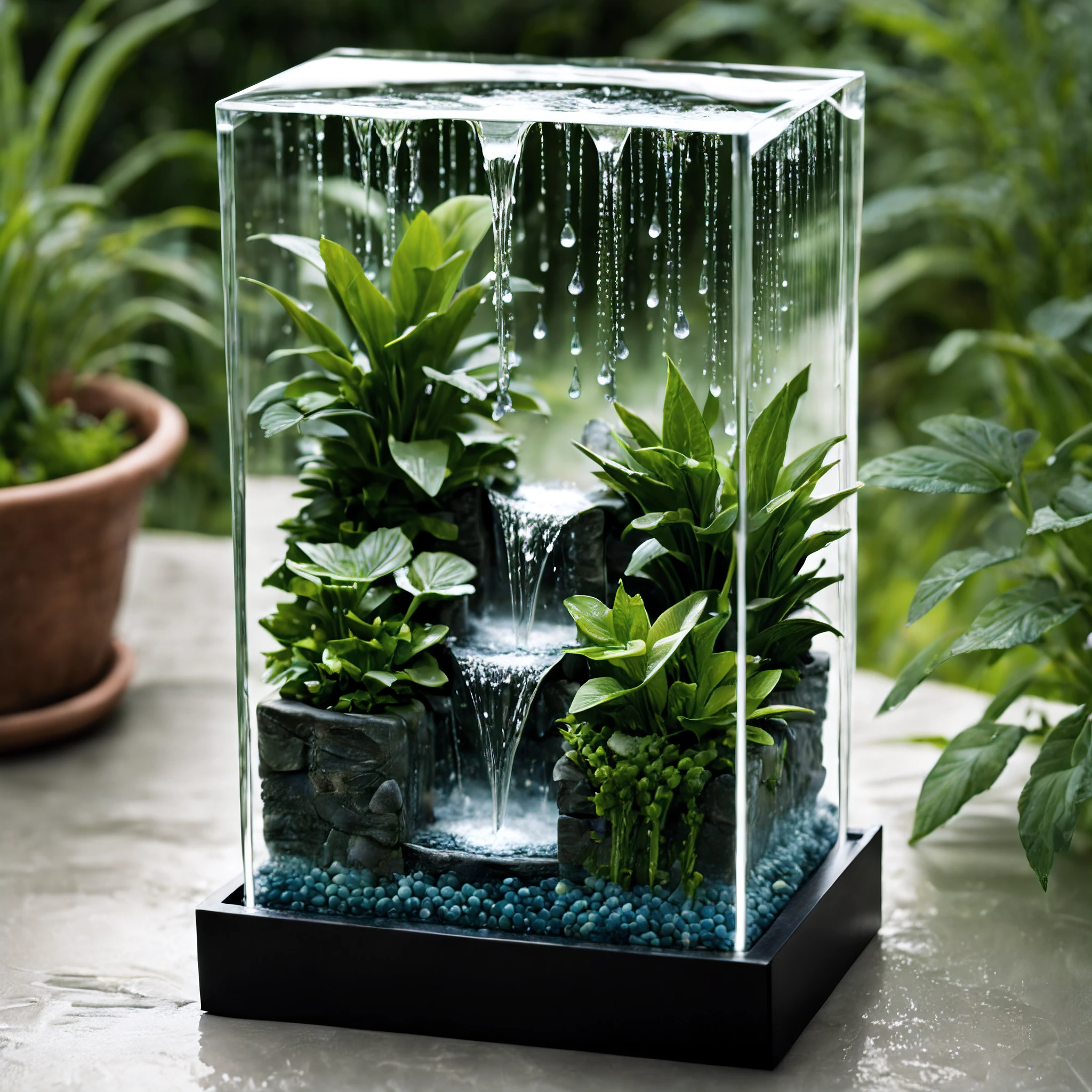 Delicate miniature water fountains enclosed in a transparent box, creating a mesmerizing display of cascading water droplets, encapsulating the tranquility of a serene aquatic scene.