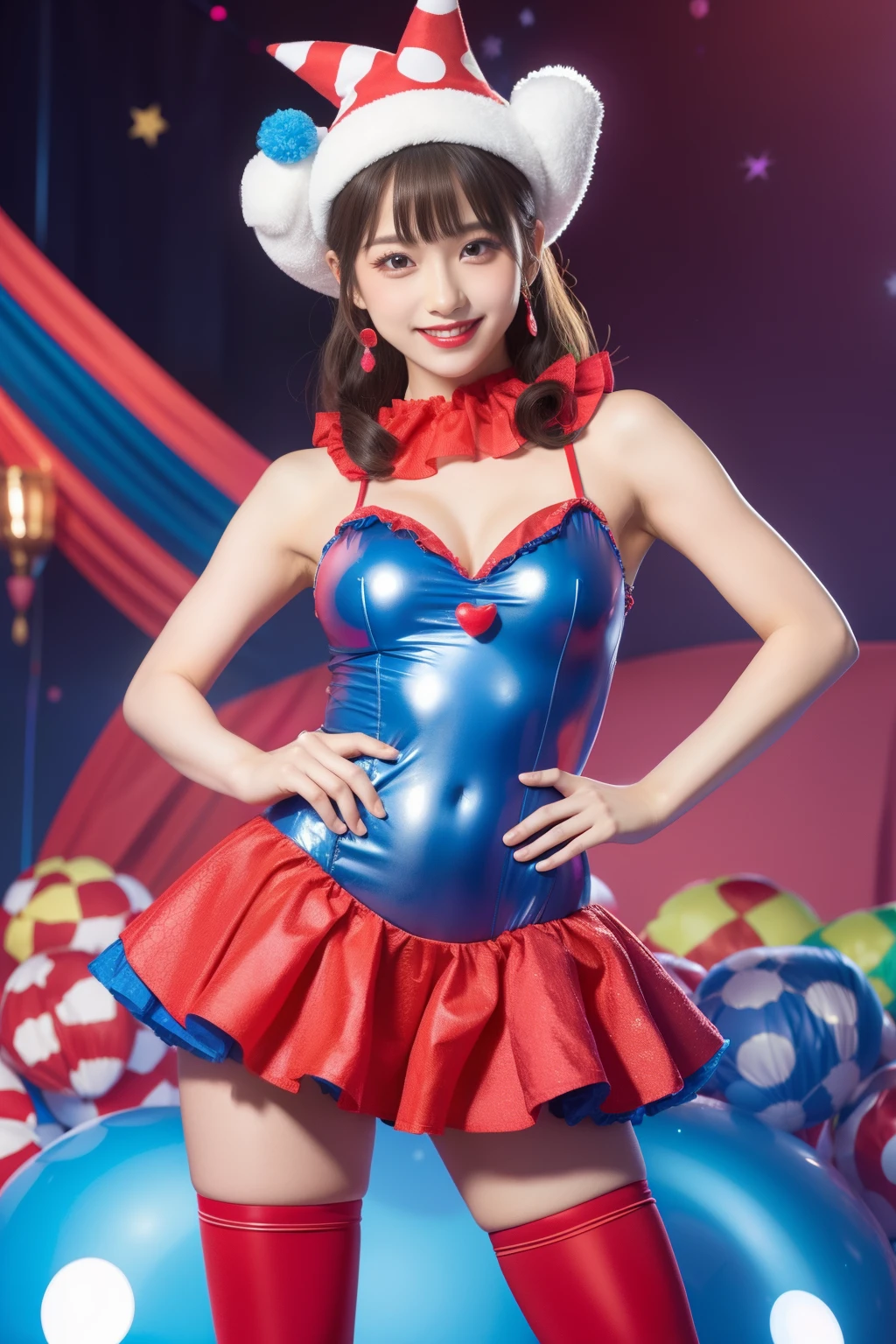 female idol、full body Esbian、、clown fashion(Leotard style)、Clown hat、shiny red and blue