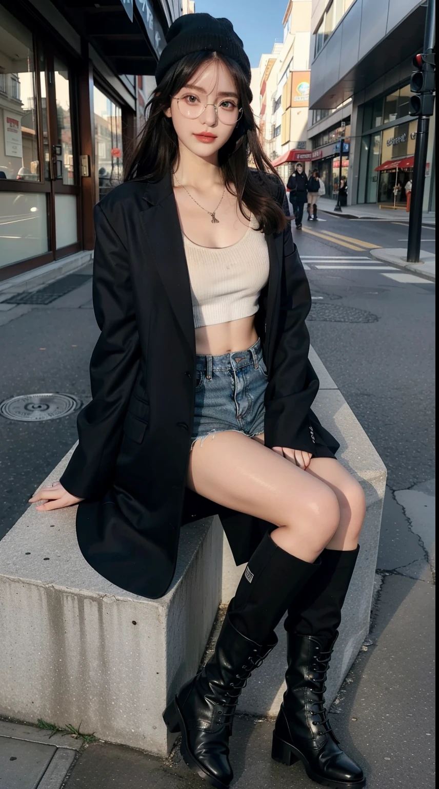 Definition of the American woman's body, olhos pretos, cabelos pretos, gargantilha, coxas grossas, abdome fino, top cinza, jaqueta de couro preta, shorts jeans azul claro curtos, botas de couro pretas, street at night, cena escura.