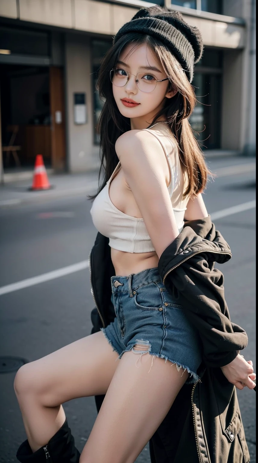 (32K,high detal,high detal,A high resolution,highdensity,独奏,Show on the:1.3),(realistic person,Live recording,詳細な目,High resolution eyes,Fine Eye,The eyes look like they are alive,Beautiful dark blue eyes,fishing eye,詳細な唇,Crystal clear and fair skin,Detailed and realistic faces:1.3),(Japanese Ido,韓国アイドル,model in Japan,Korean model,Korean K-pop female idol:1.2),(Red face,natural makeup,a necklace,nipple piercing,pierced navel:1.4)(military overalls,Oversized colorful top,Large coat,leather boots,knit hat,Mode-based beauty and leisure:1.6),(Breasts in good shape:1.5),(young but beautiful korean16 old girl,Cold,Small smile,Facing the rear,turning around,looking at the camera in,Fashion leader,A fashion model,soft skin,unforgettable eyes,Her eyes are so beautiful,I want to go to Paris to collect.........,Cutting-edge fashion:1.6),(show your whole body,Show off your whole body fashion,Stylish blue glasses:1.7)