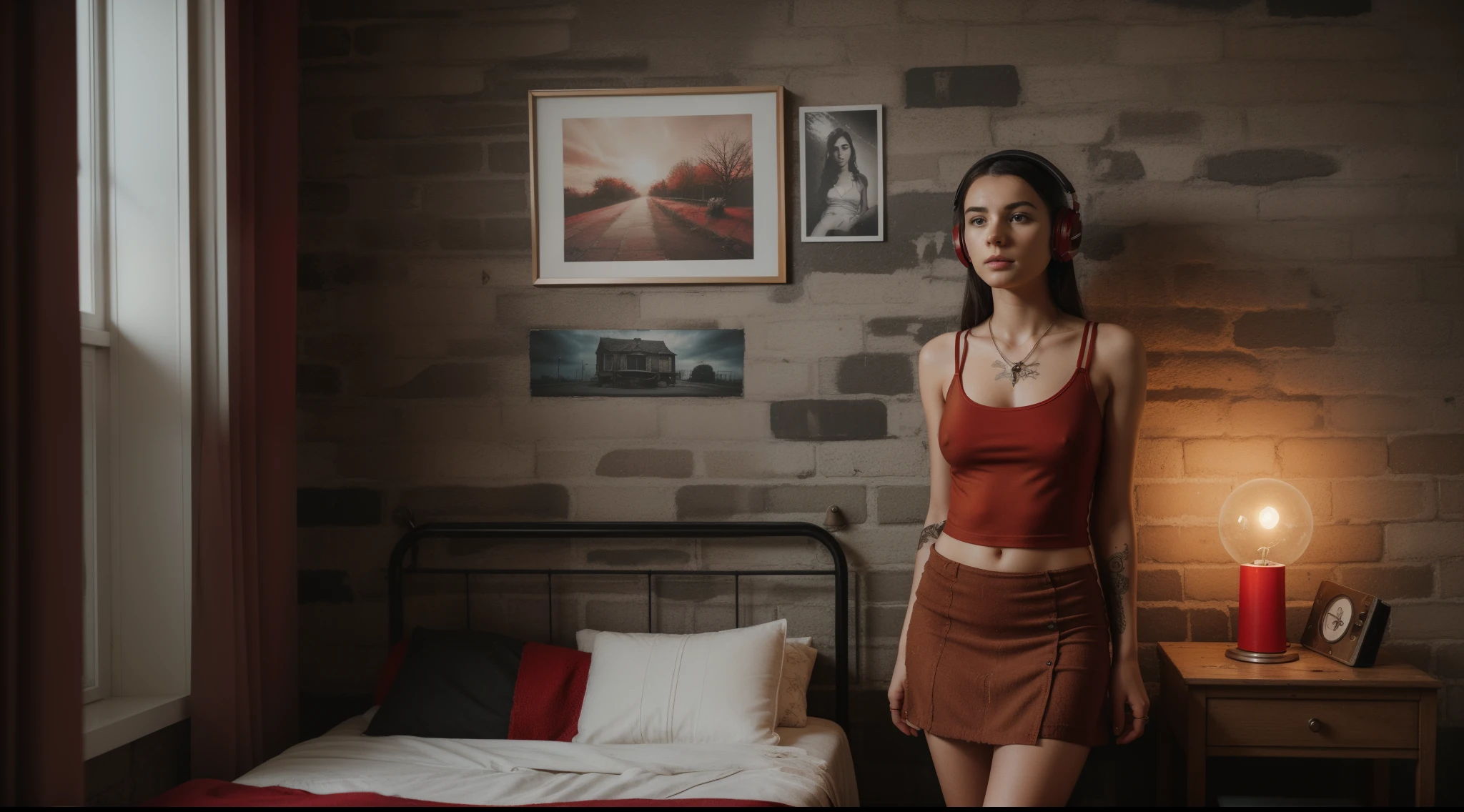 (highres, realistic:1.37),A  girl (alone) in her room,[Her face is combination of (((irene1:1.2))) and (((Excella_er5:1.2)))]. ((She is wearing a (red:1.4) tank-top and a (red:1.4) miniskirt:1.4)). Her cleavage was visible from her large breasts. She has black hair,tall and slender body,(192cm tall),thin and delicate figure,graceful posture. Her room has rock feel,isolated atmosphere,grunge details,distressed textures,moody lighting,dark shadows,edgy fashion,dreamy gaze,vintage posters,posters on the wall,music player,headphones,sketchbook,comfortable chair,large window,artistic pins,CD collection,inspirational quotes,urban setting,teenage rebellion,expressive tattoos,determined expression,dimmed lights,contrast and depth,rough brick walls,statement necklace,peaceful moment,thoughtful mood,messy bed,texture-rich artwork