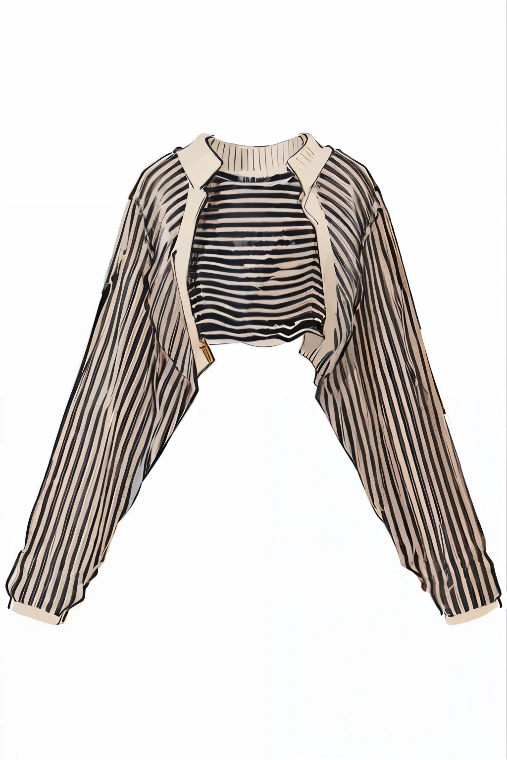 a close up of a black and white striped sweater with a white collar, ( ivory black ), by Shinji Aramaki, stripes, striped, striped sweater, black stripes, intarsia, cardigan, bolero, cropped wide sleeve, jia, ray, cropped shirt with jacket, issey miyake, naoya tanaka, by Shigeru Aoki2D cardigan jacket drawing jacket cardigan drawing 2d